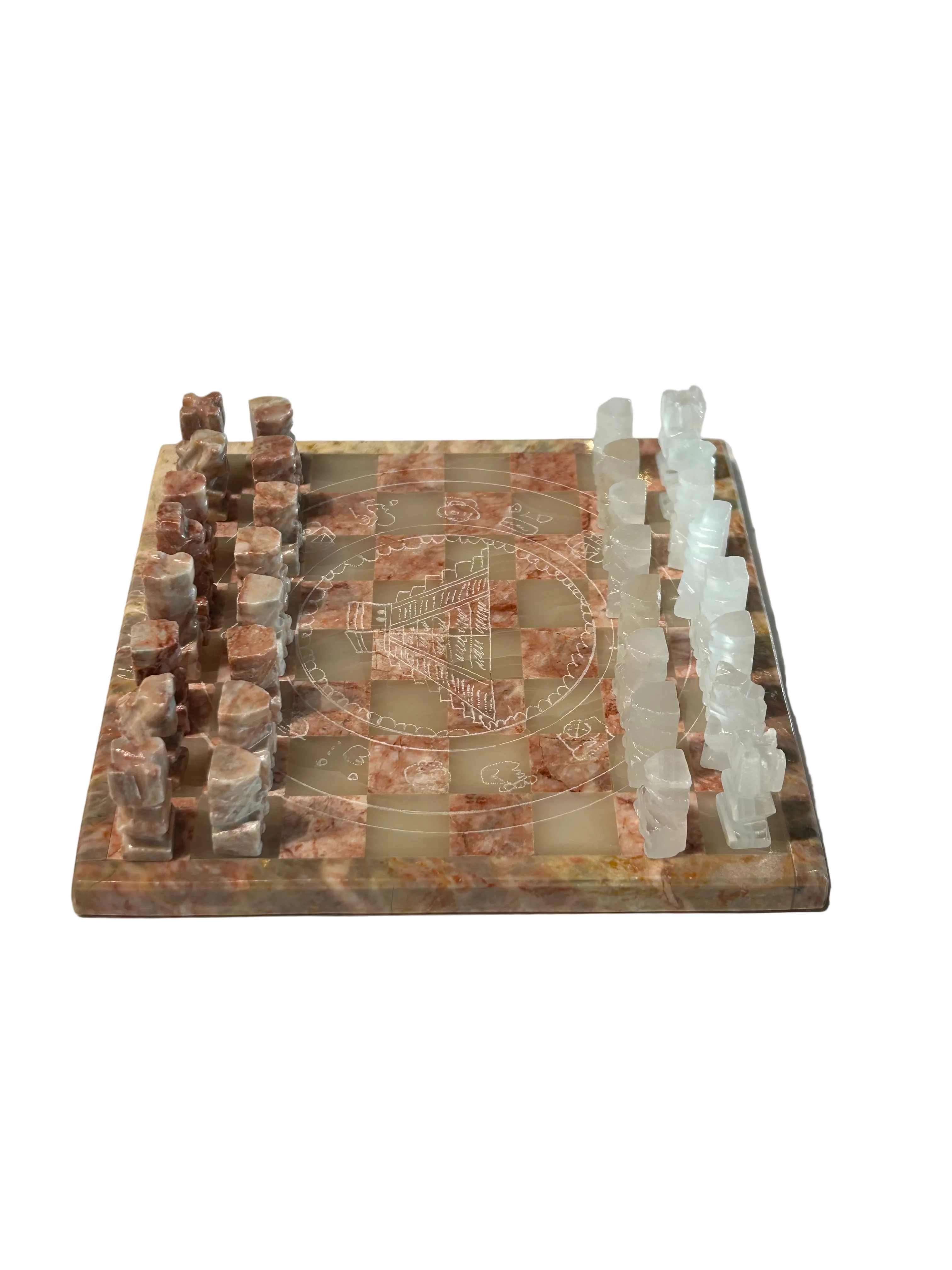 Vintage mini etched pink and cream marble chess set