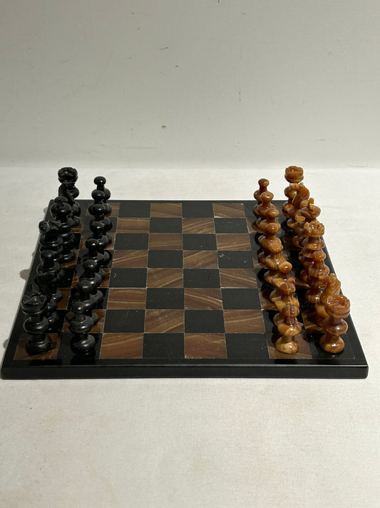 Vintage small black and brown marble chess set