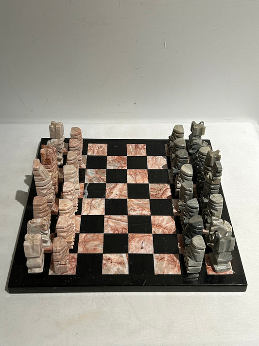 Vintage pink and black marble chess set