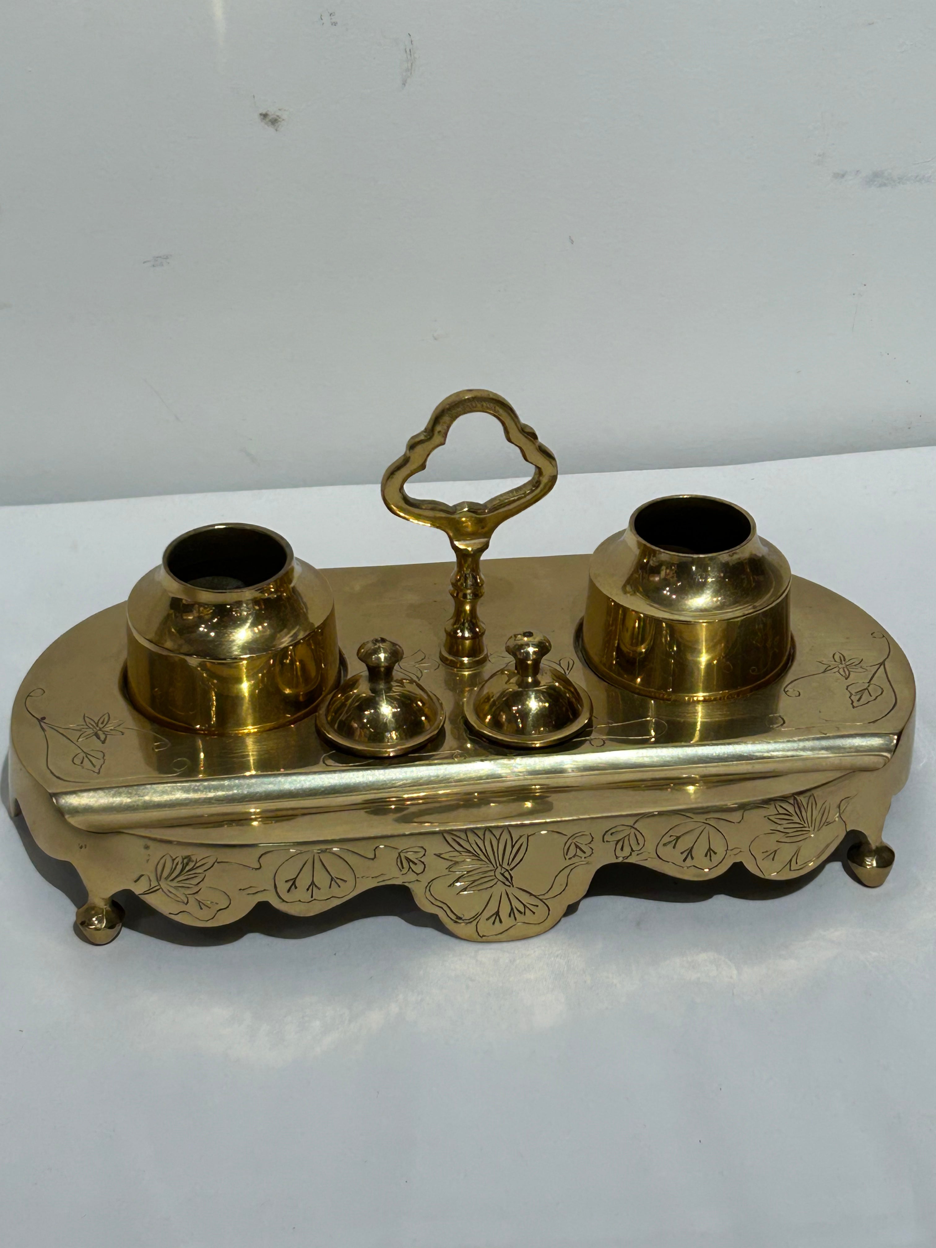 Vintage brass inkwell desk set