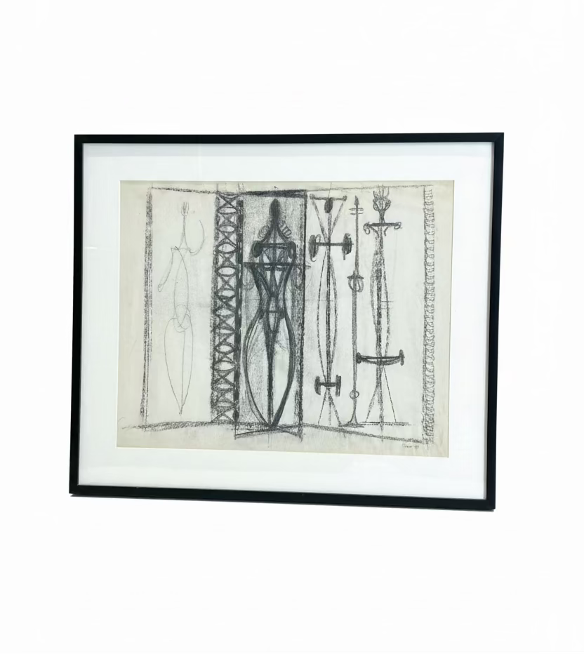 Vintage black and white architectural charcoal sketch