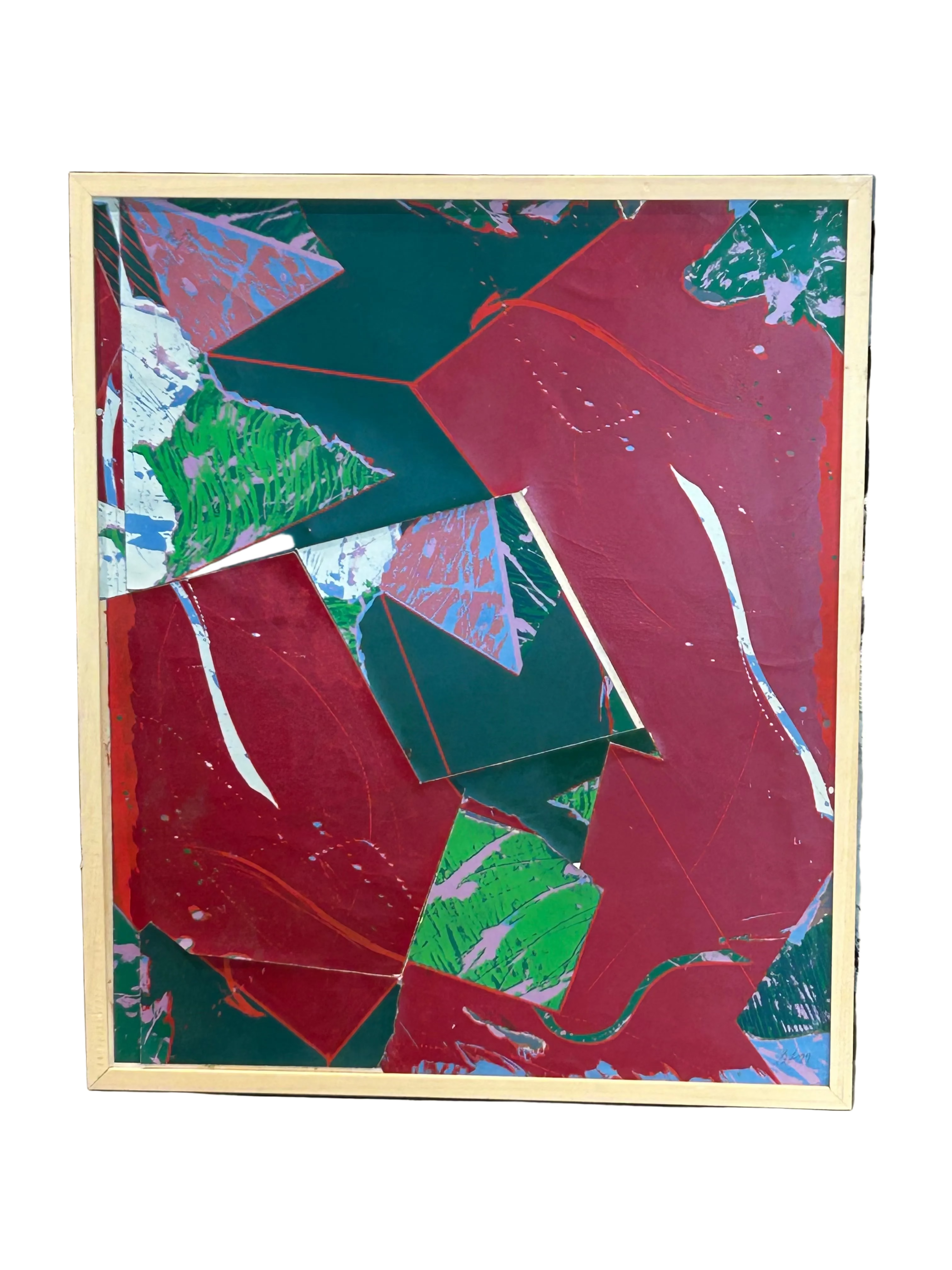 Collage composition of geometric shapes in wood frame