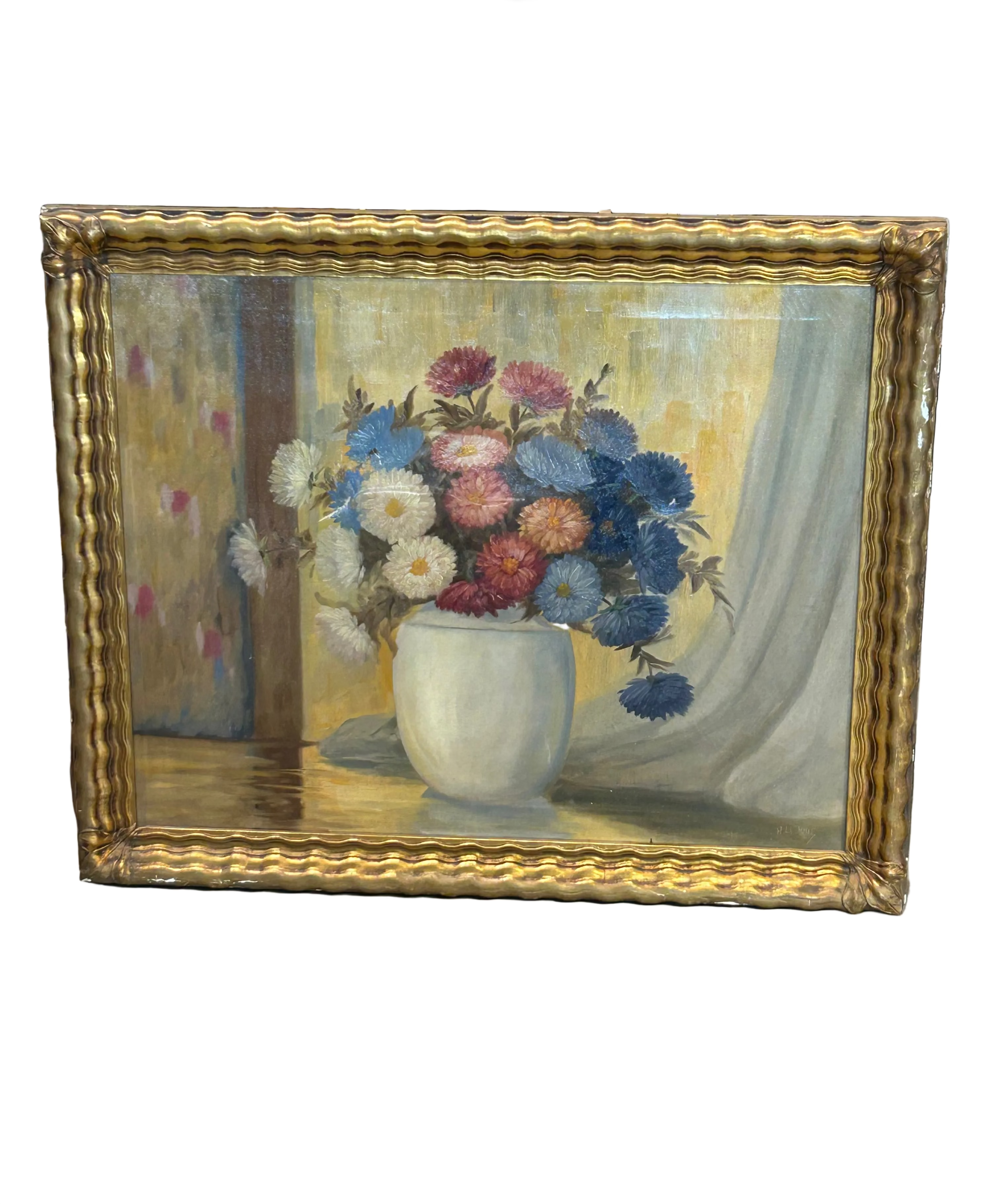 Vintage flowers oil still life in scalloped gold frame