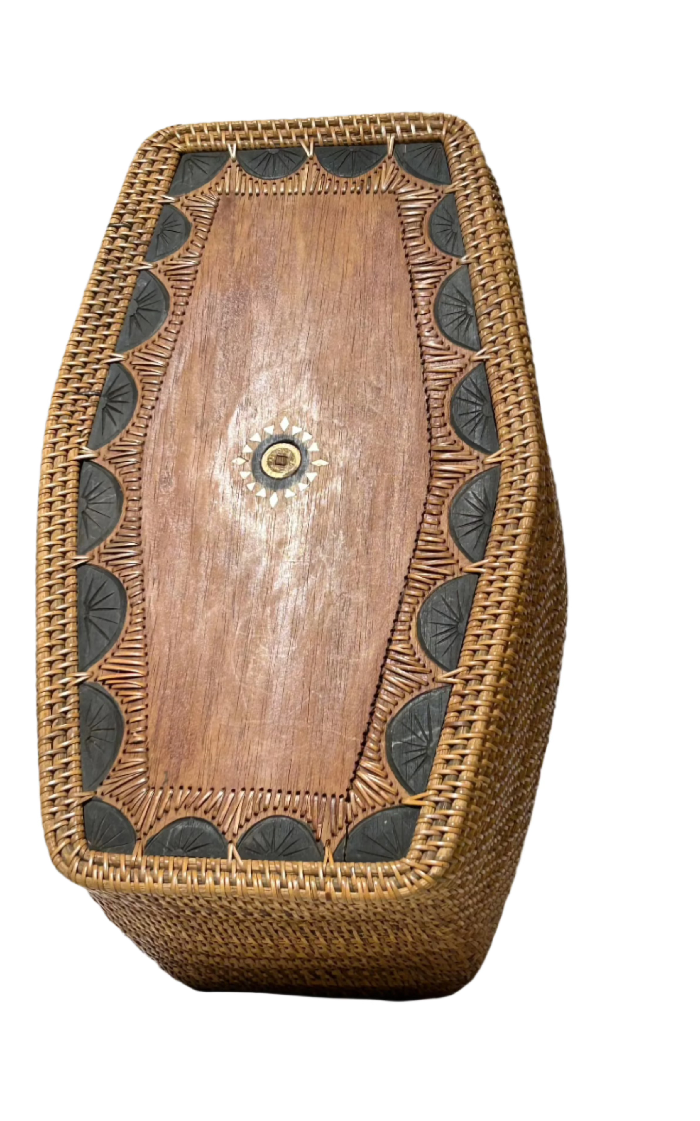 Vintage woven basket with wood lid