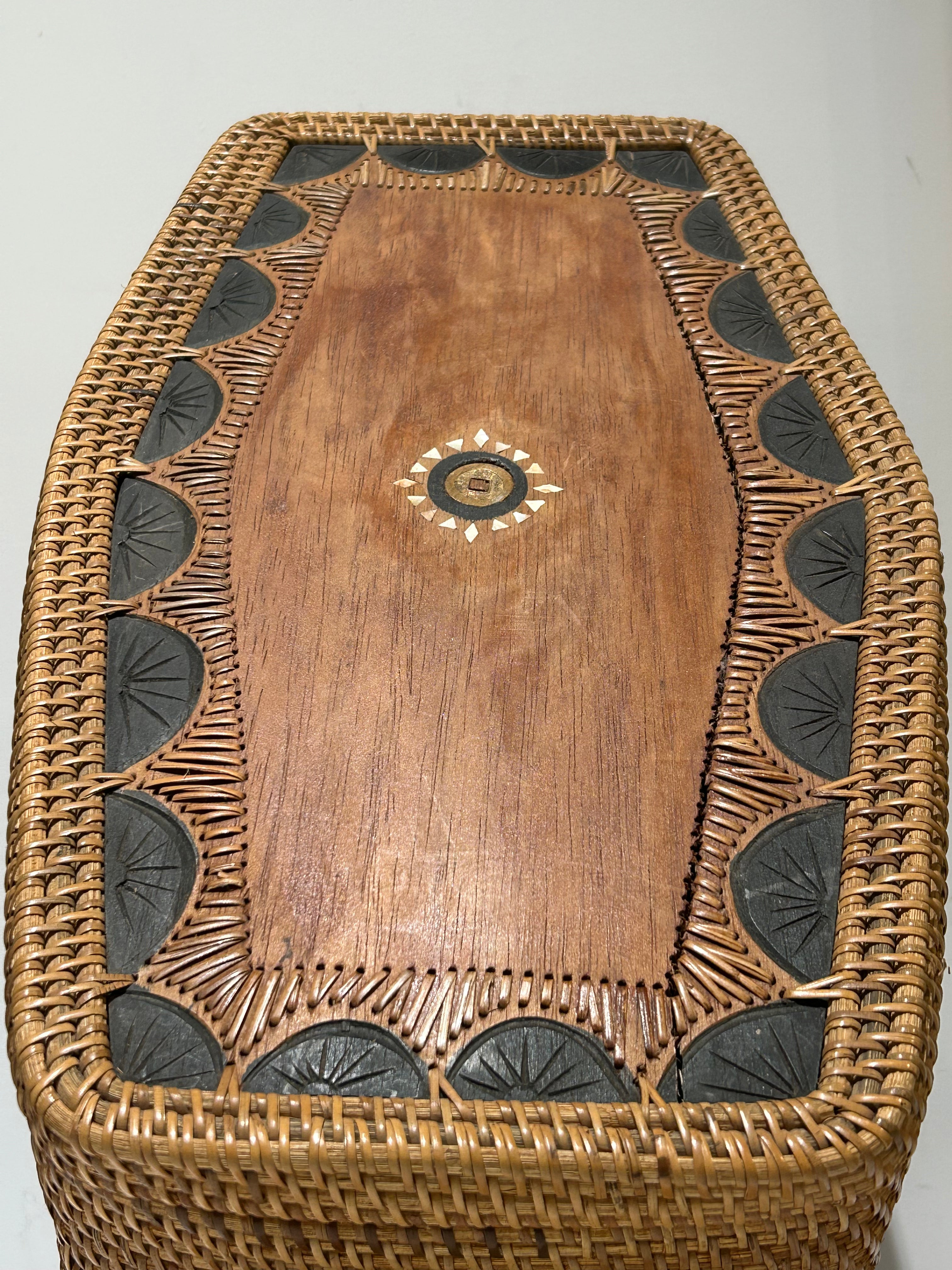 Vintage woven basket with wood lid