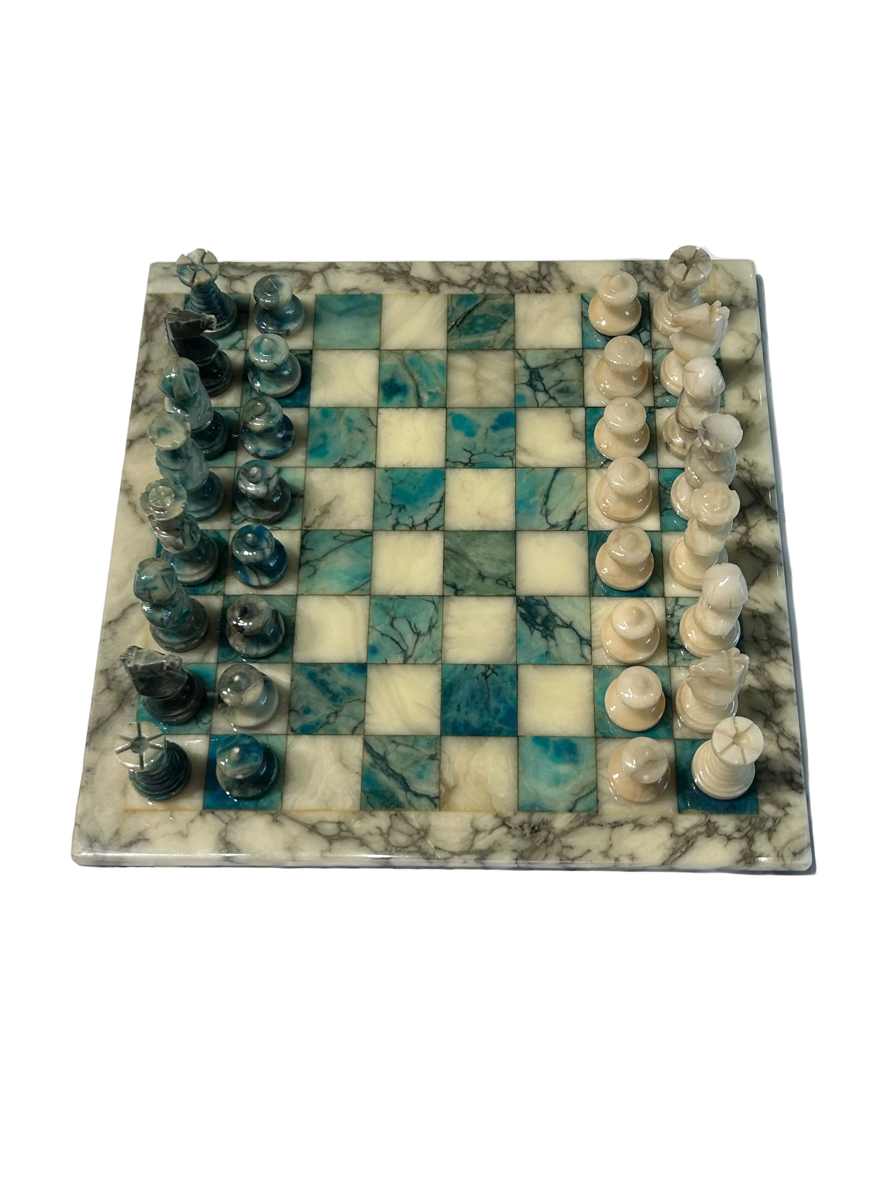Vintage blue & ivory marble chess set