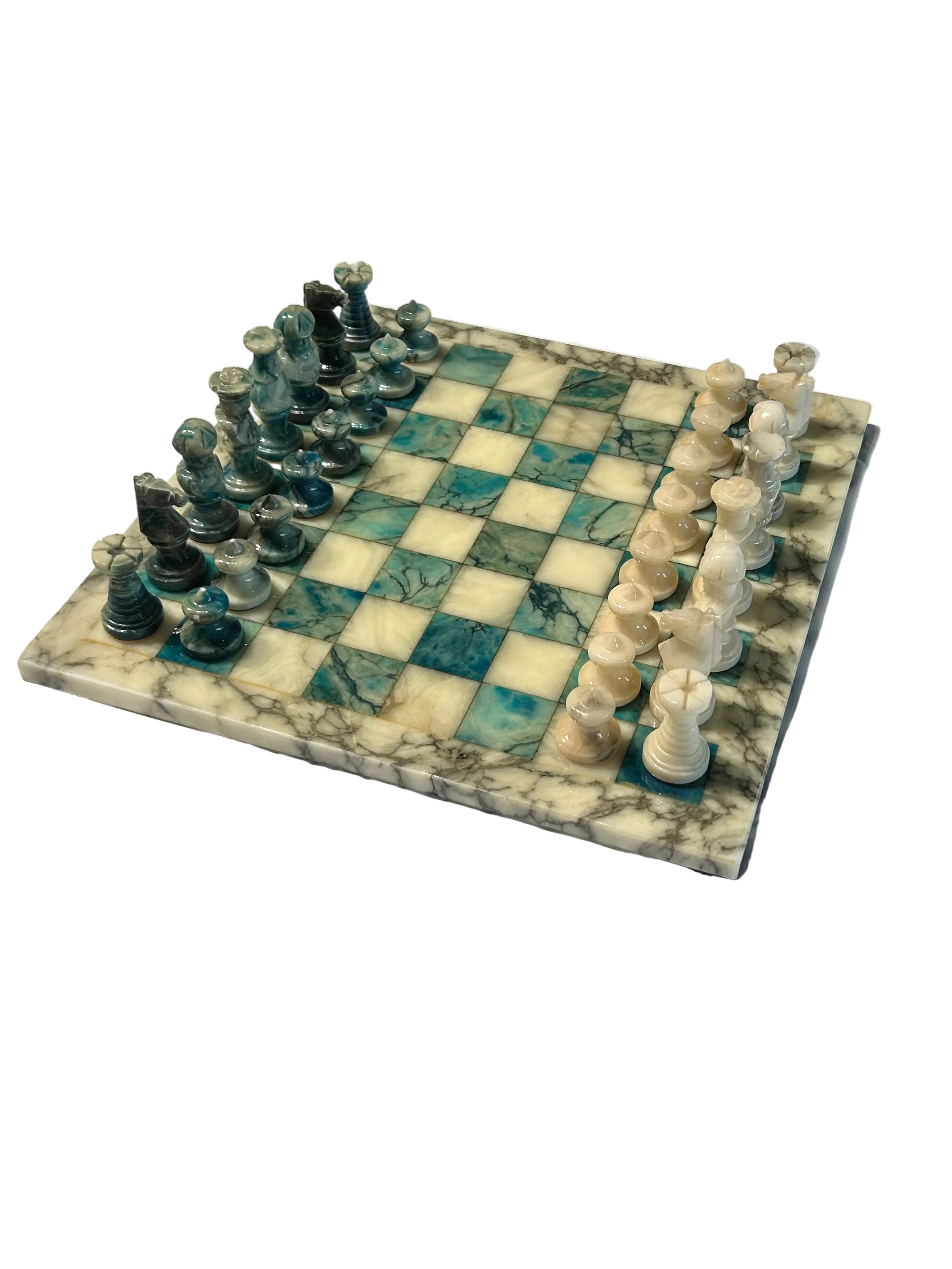 Vintage blue & ivory marble chess set
