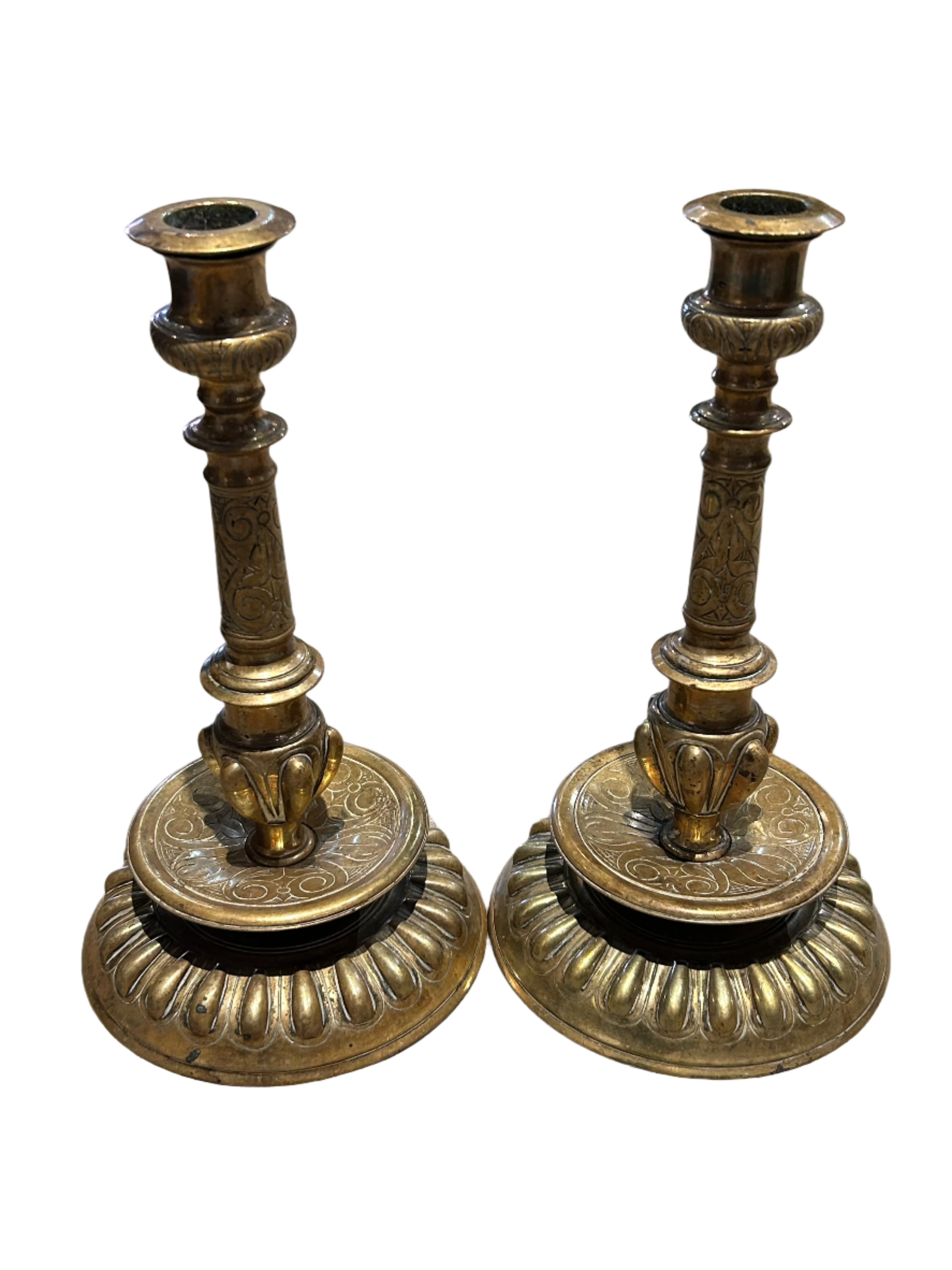 Vintage pair of ornate brass candleholders