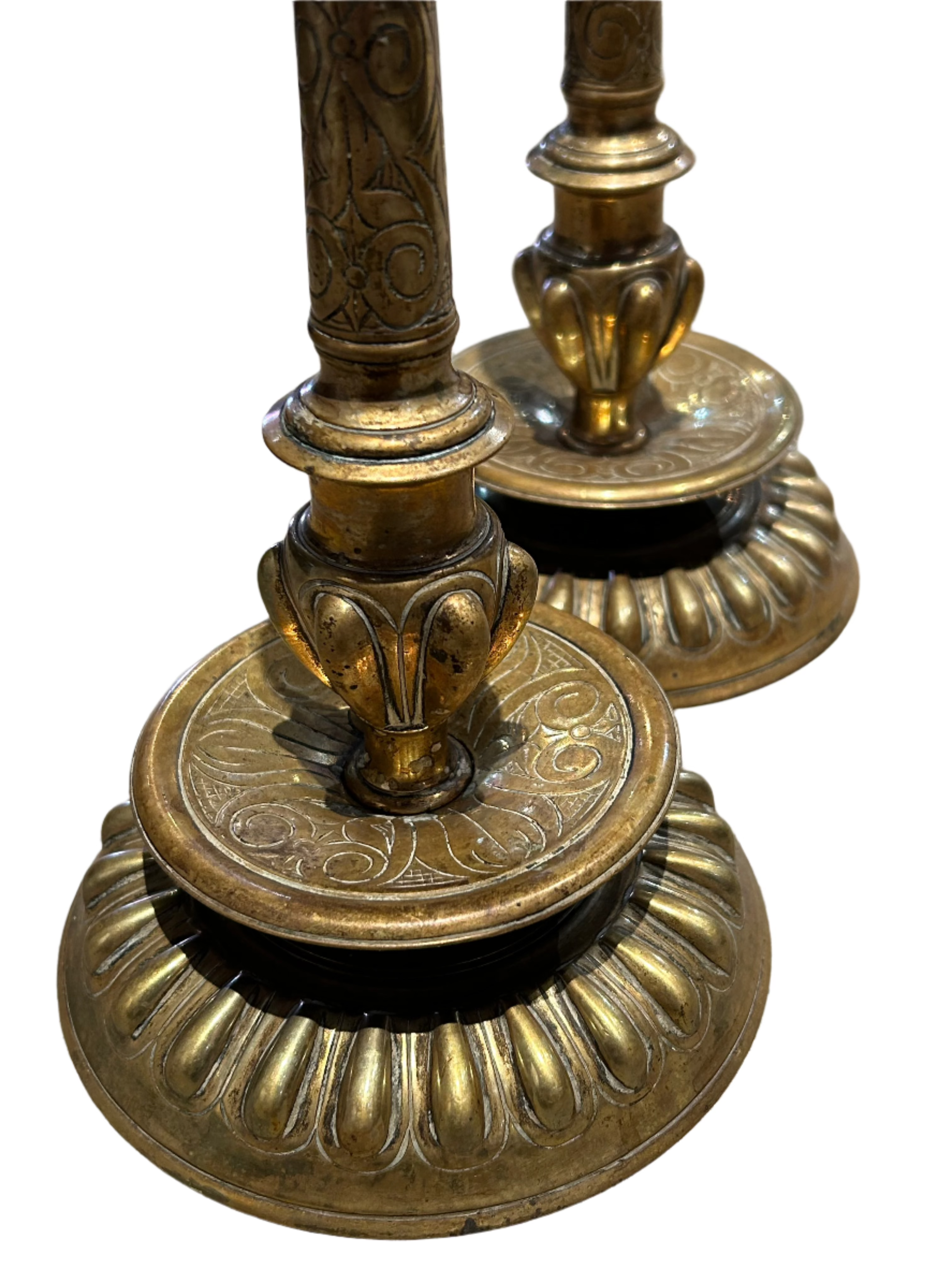 Vintage pair of ornate brass candleholders