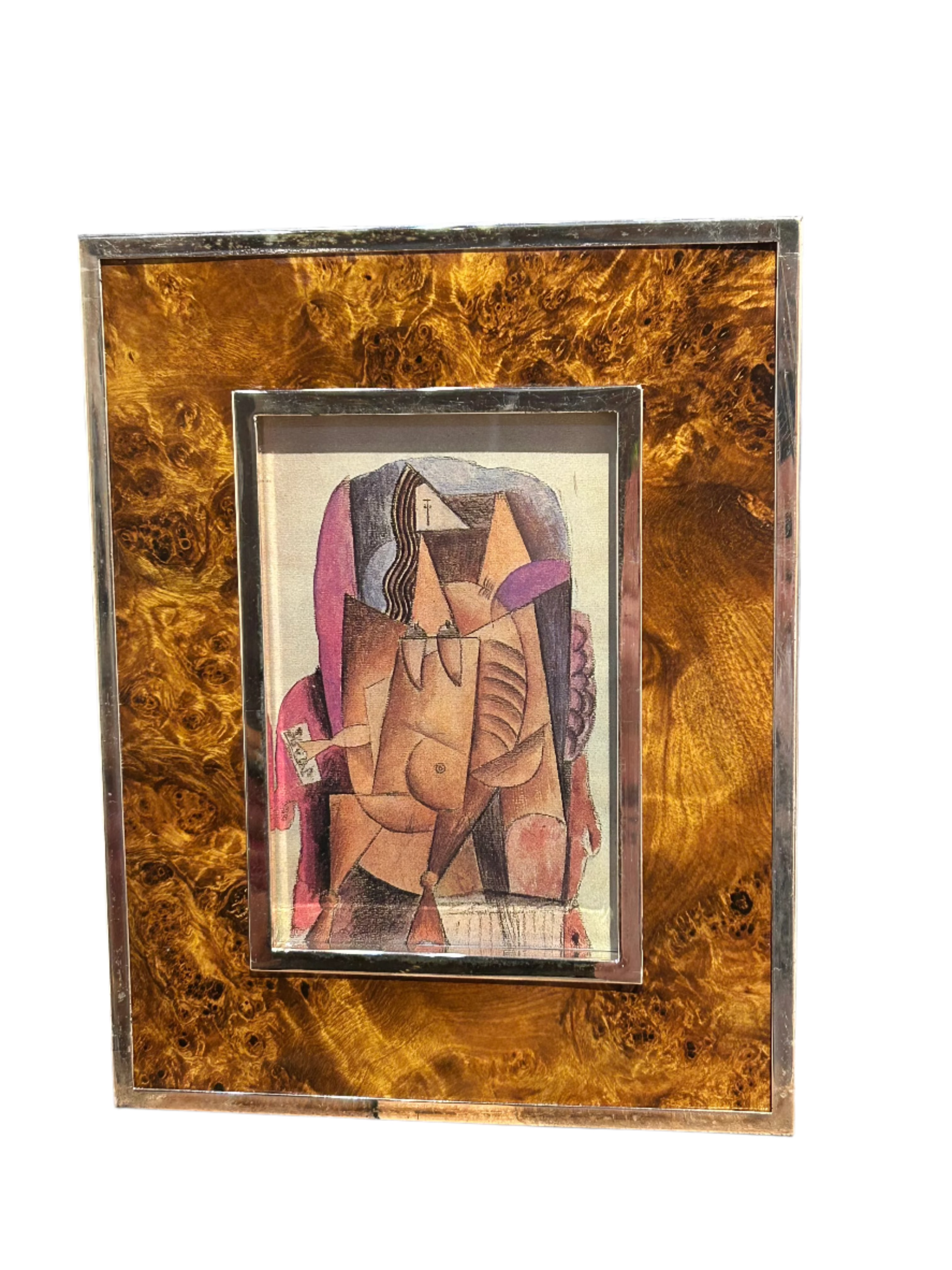 Vintage abstract print in burl wood frame