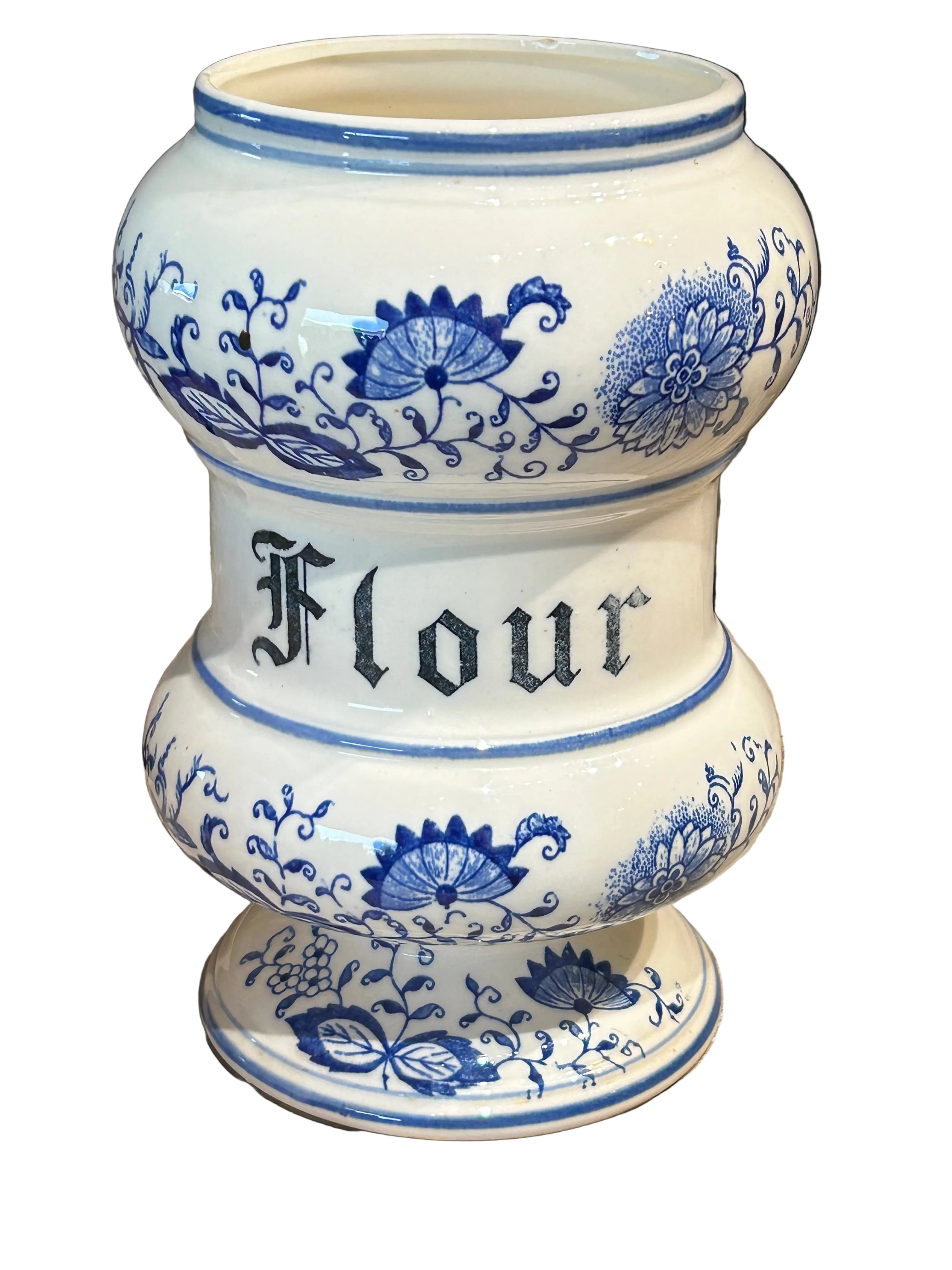 Vintage blue and white flour jar