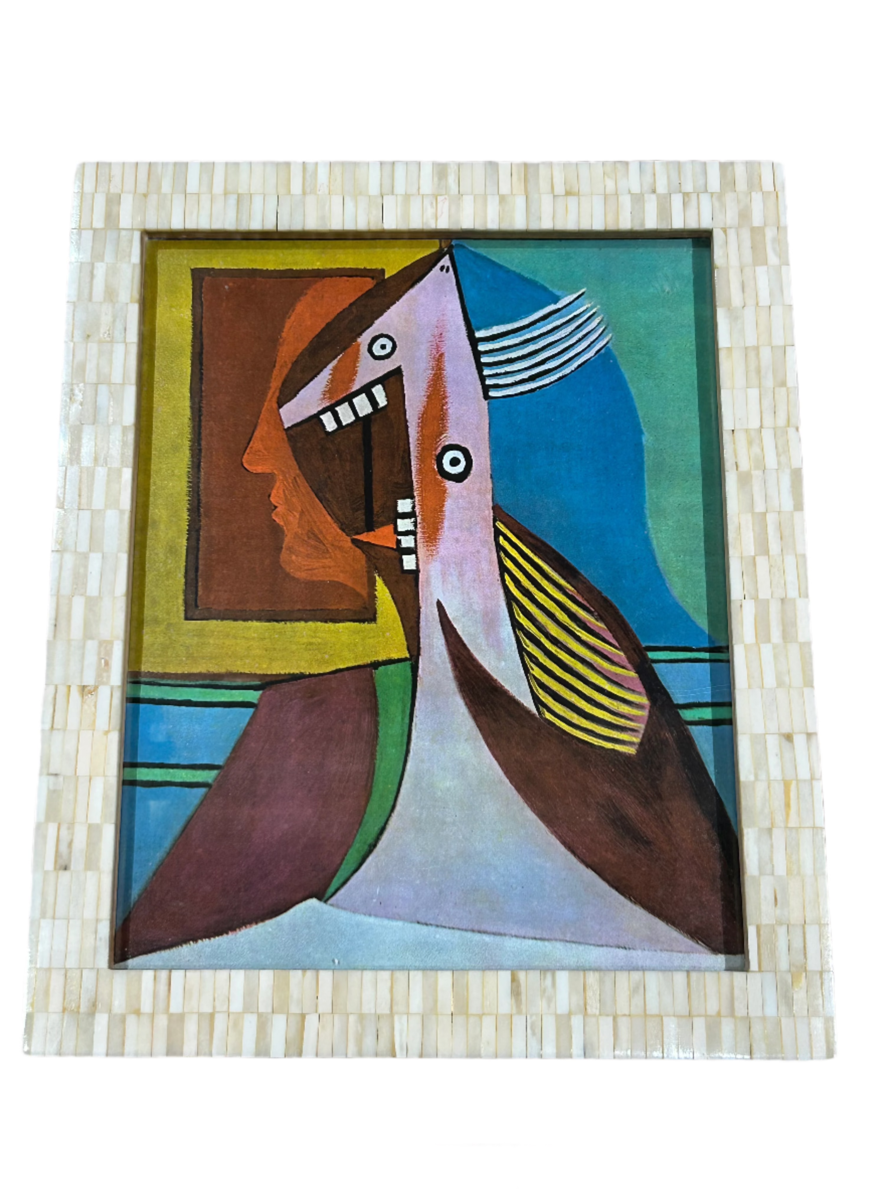 Bust of a woman and self-portrait print in ivory frame