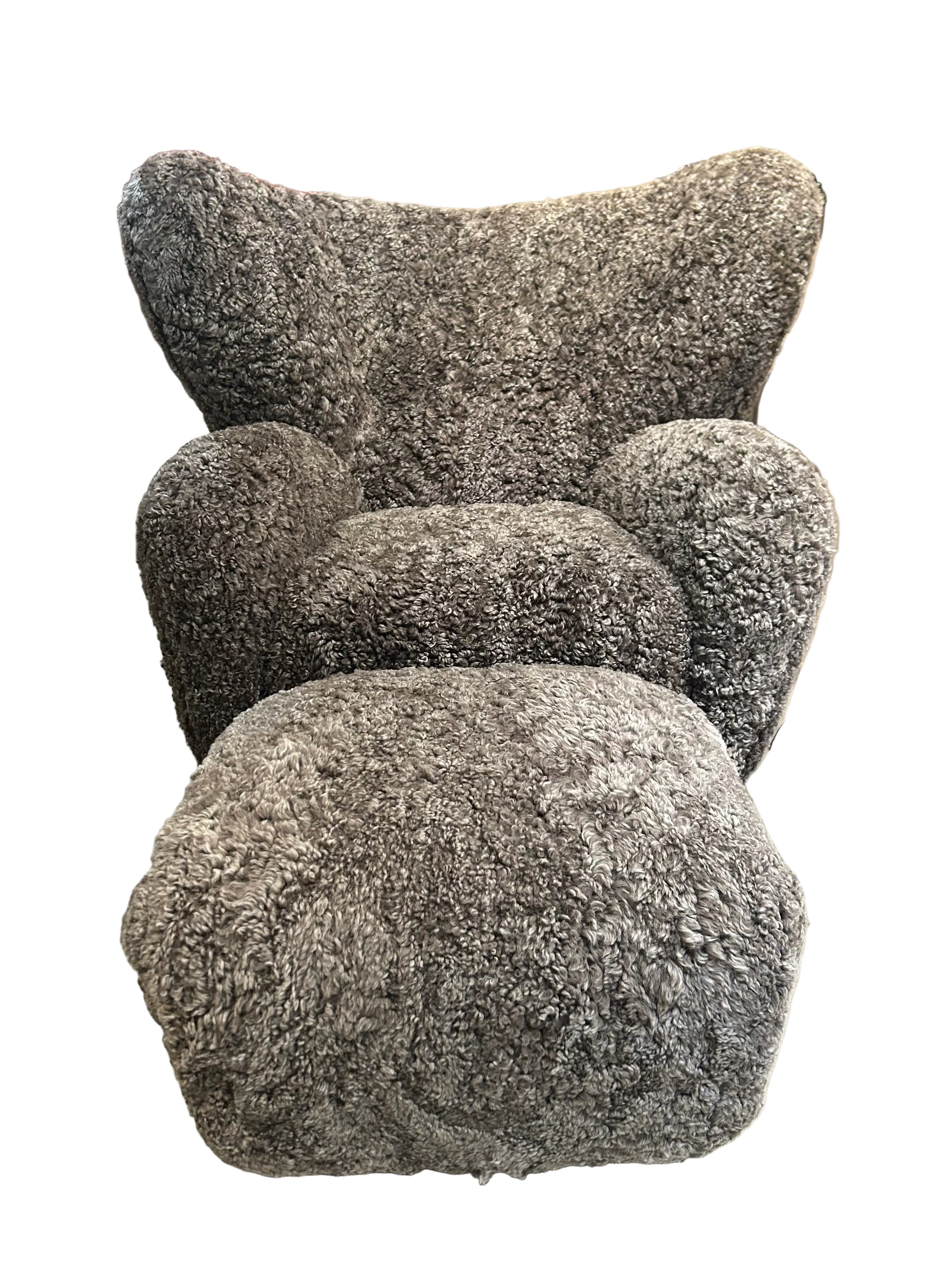 Gray sheepskin chair and ottoman