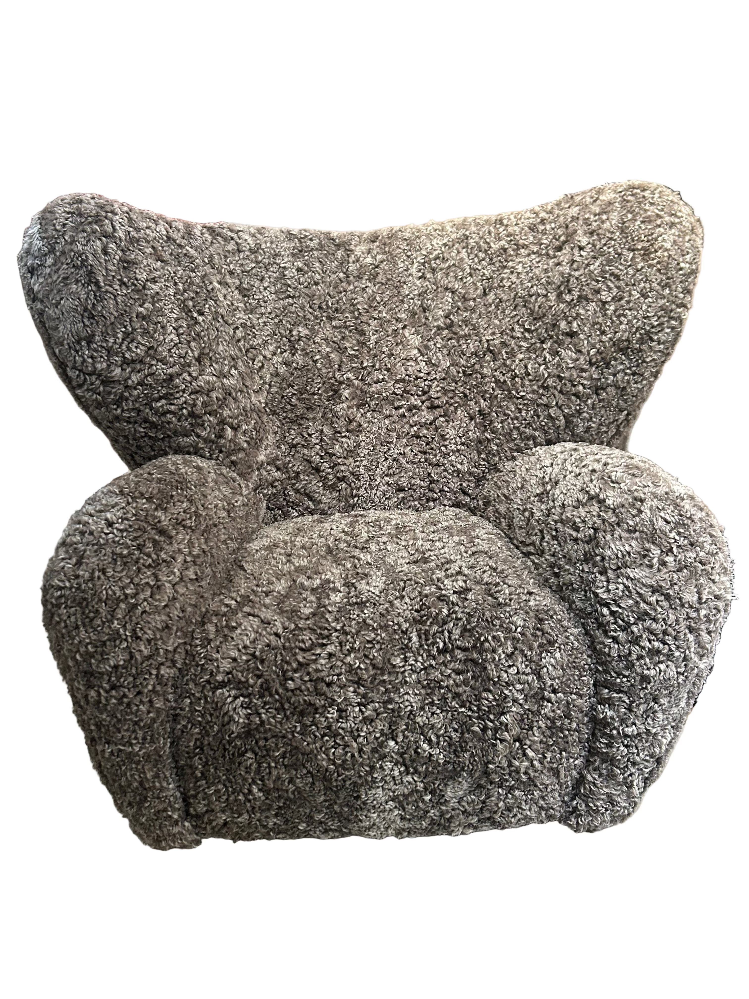 Gray sheepskin chair and ottoman