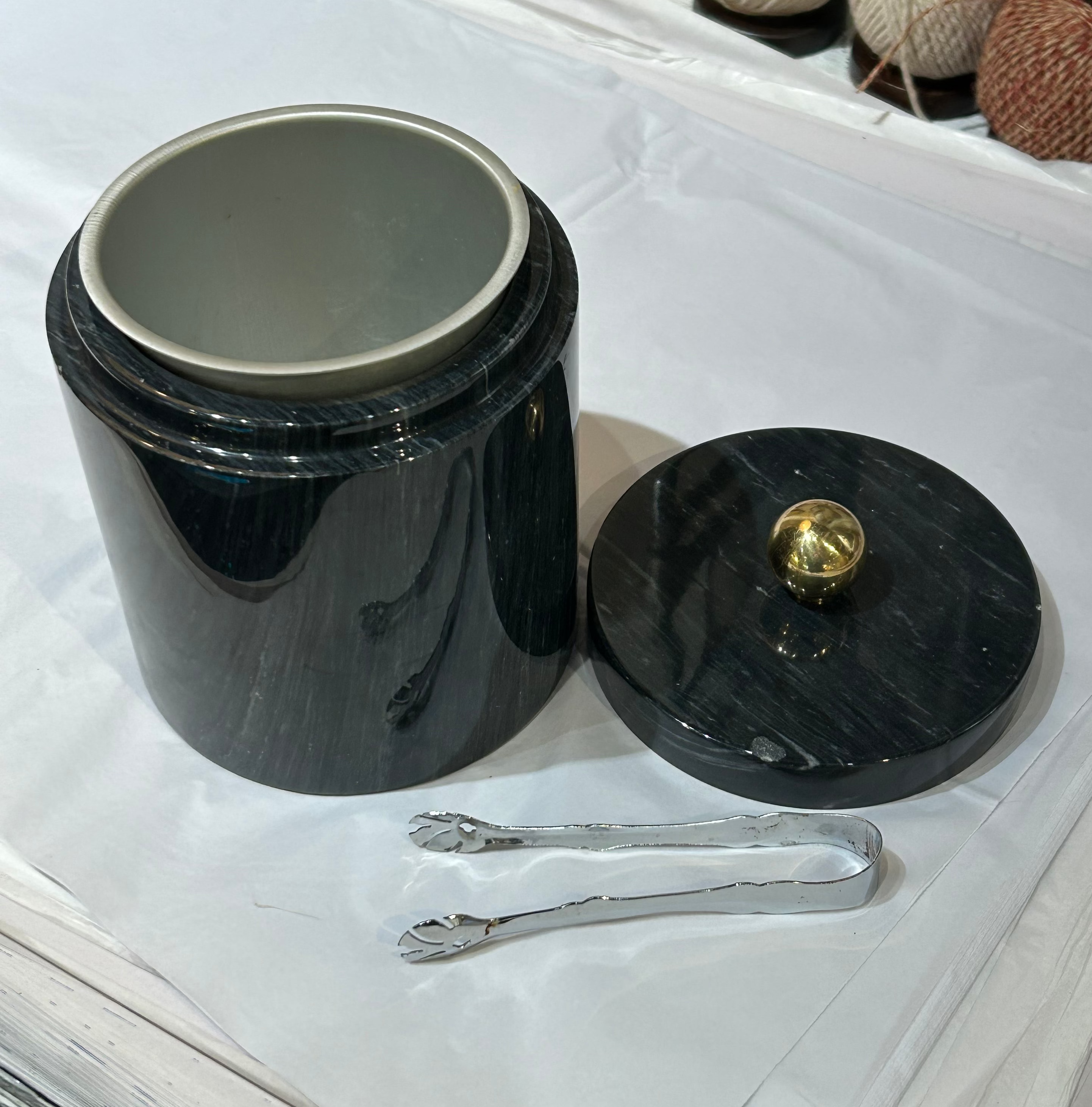 Vintage marble and brass ice bucket with tongs