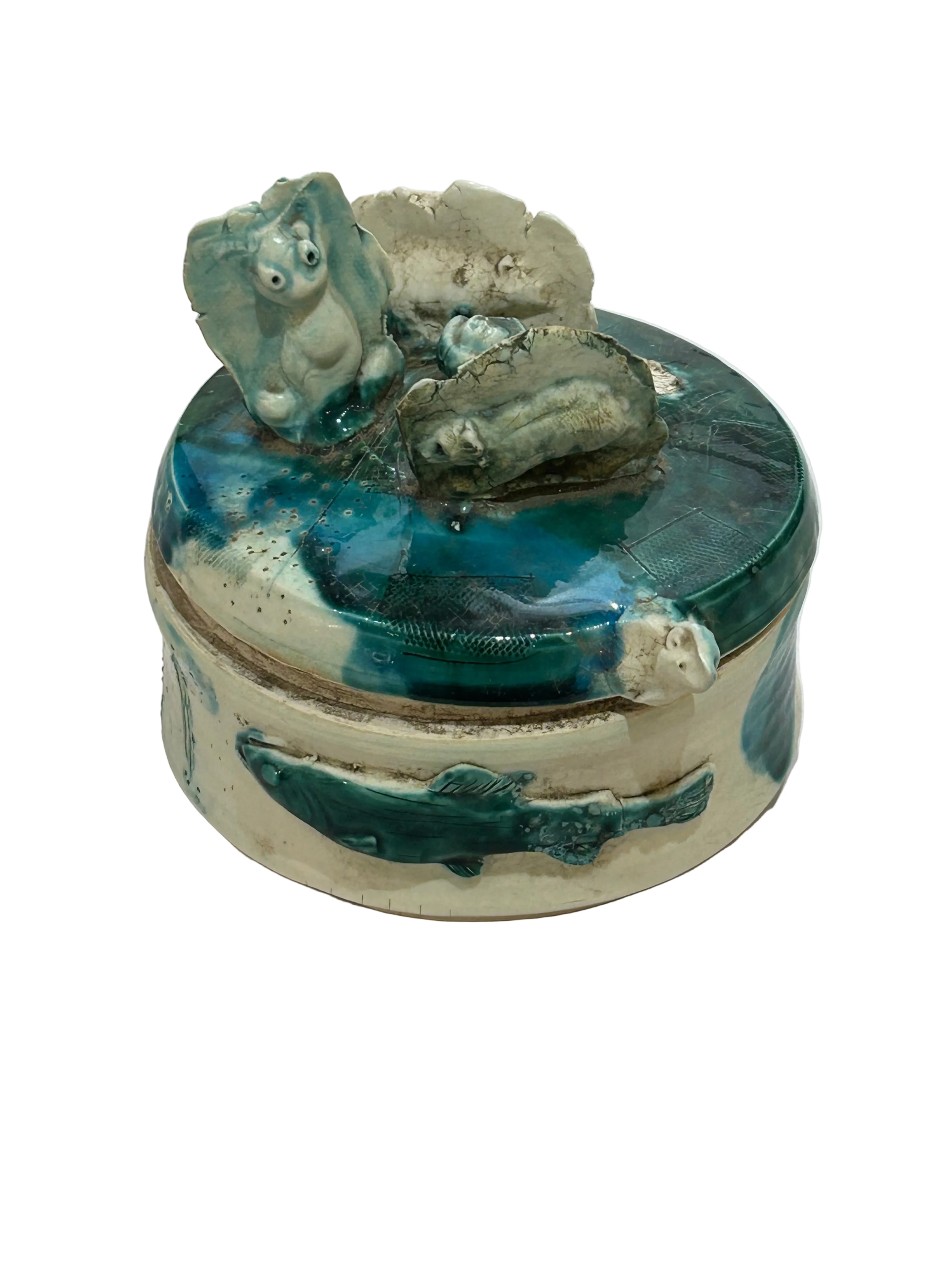 Vintage aquatic themed lidded pottery