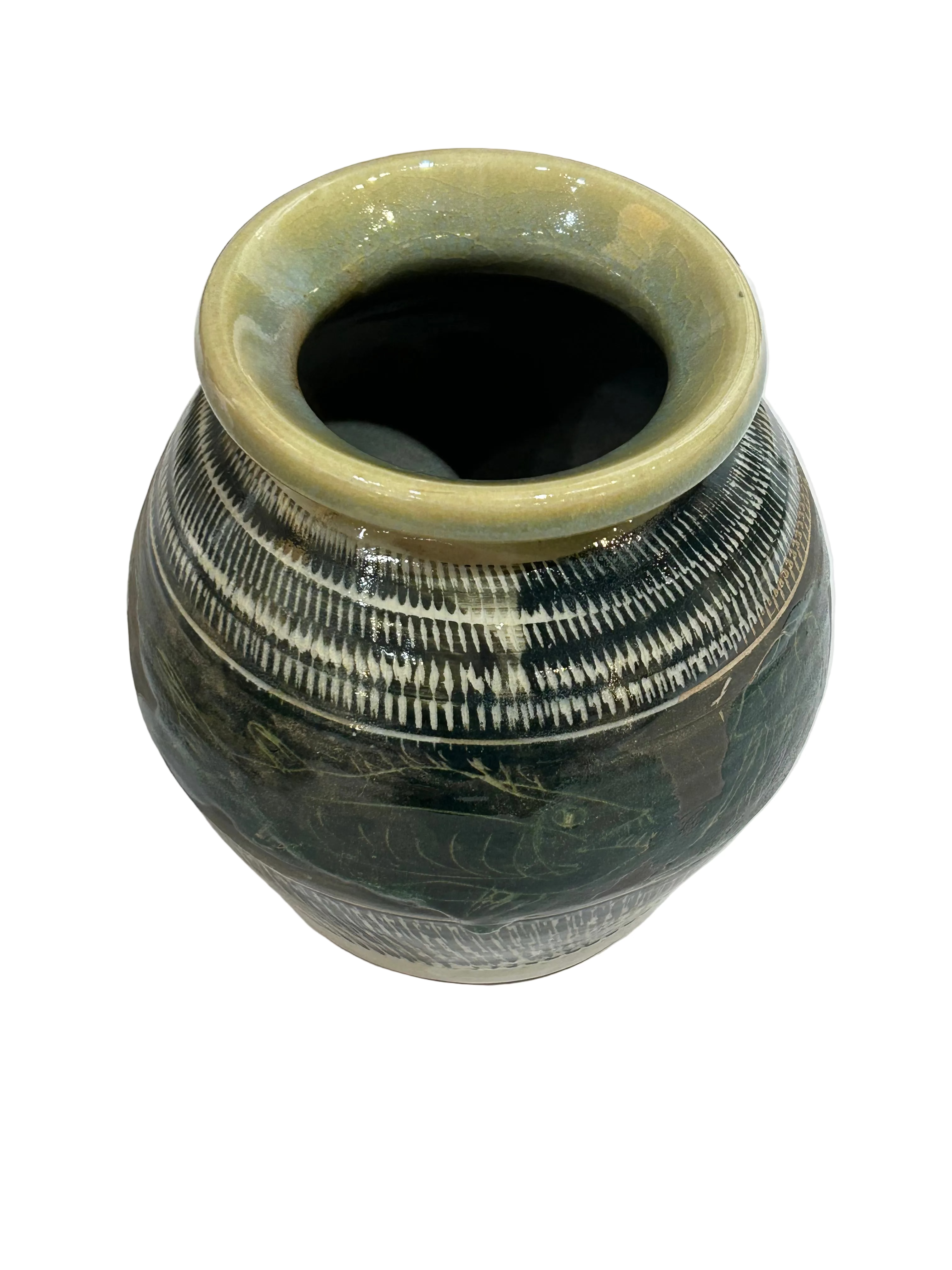 Studio Pottery Vase with Fish Design