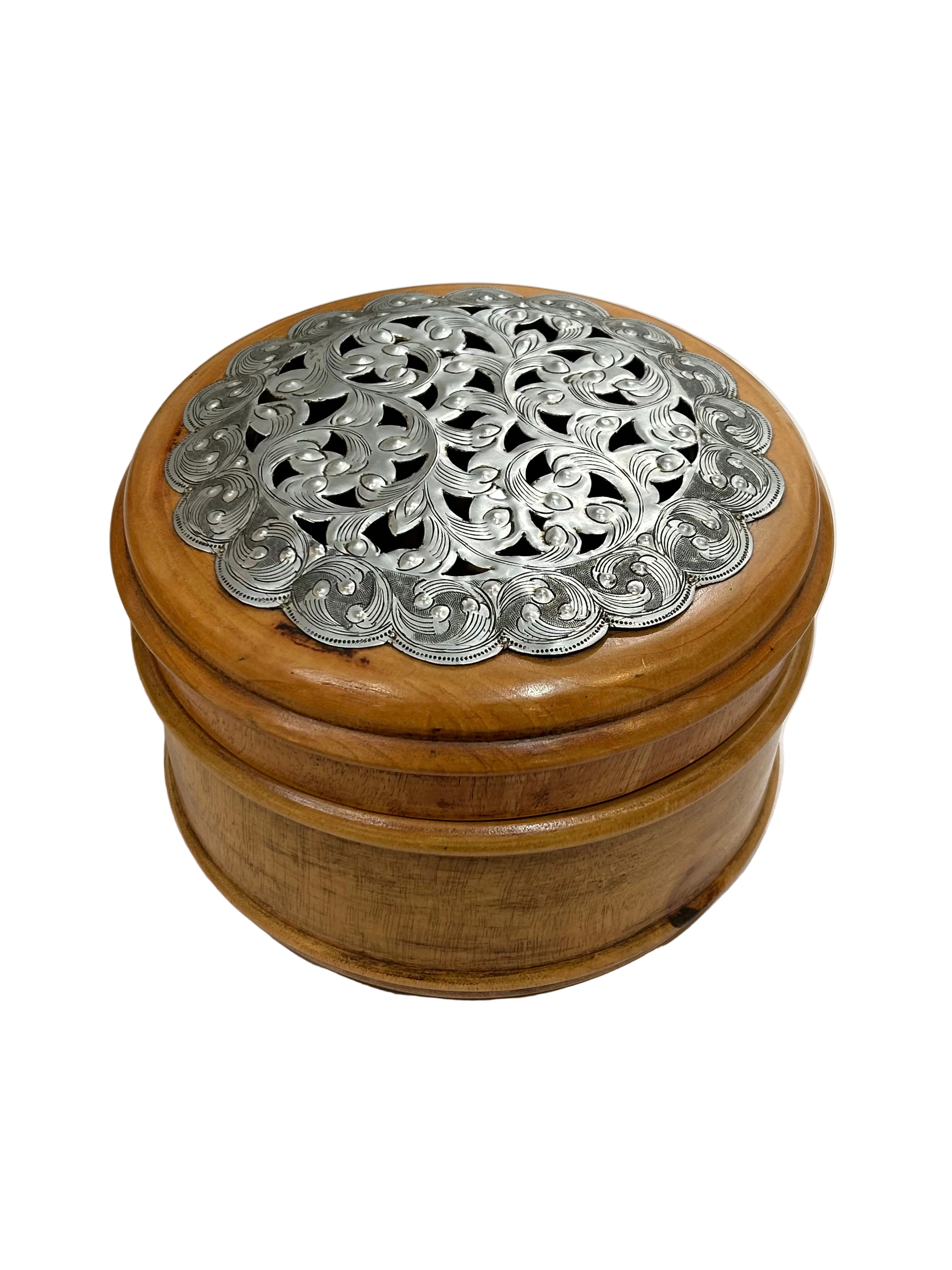 Vintage mango wood bowl with silver inlay floral