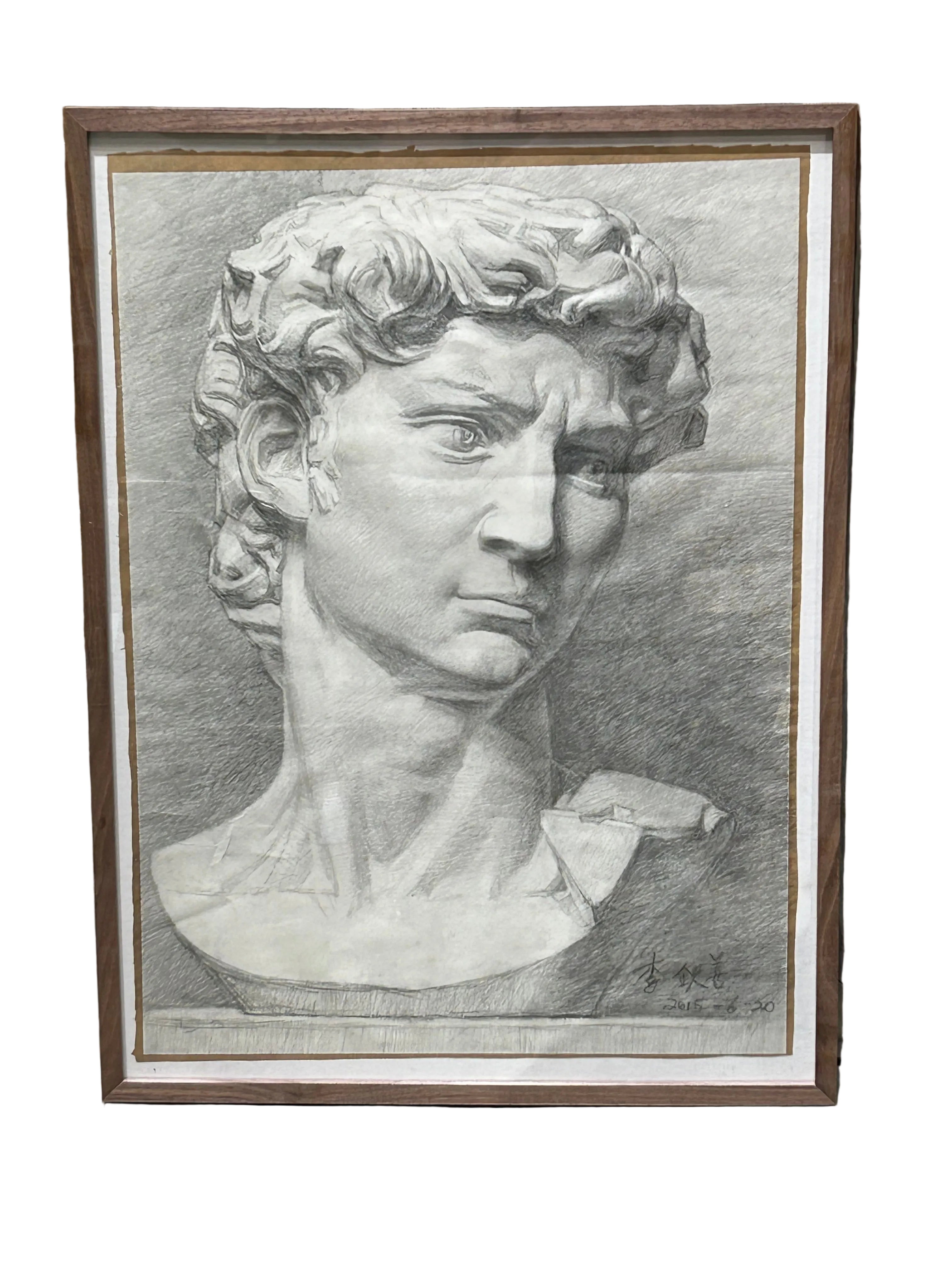 Vintage pencil drawing study of Michelangelo's David bust