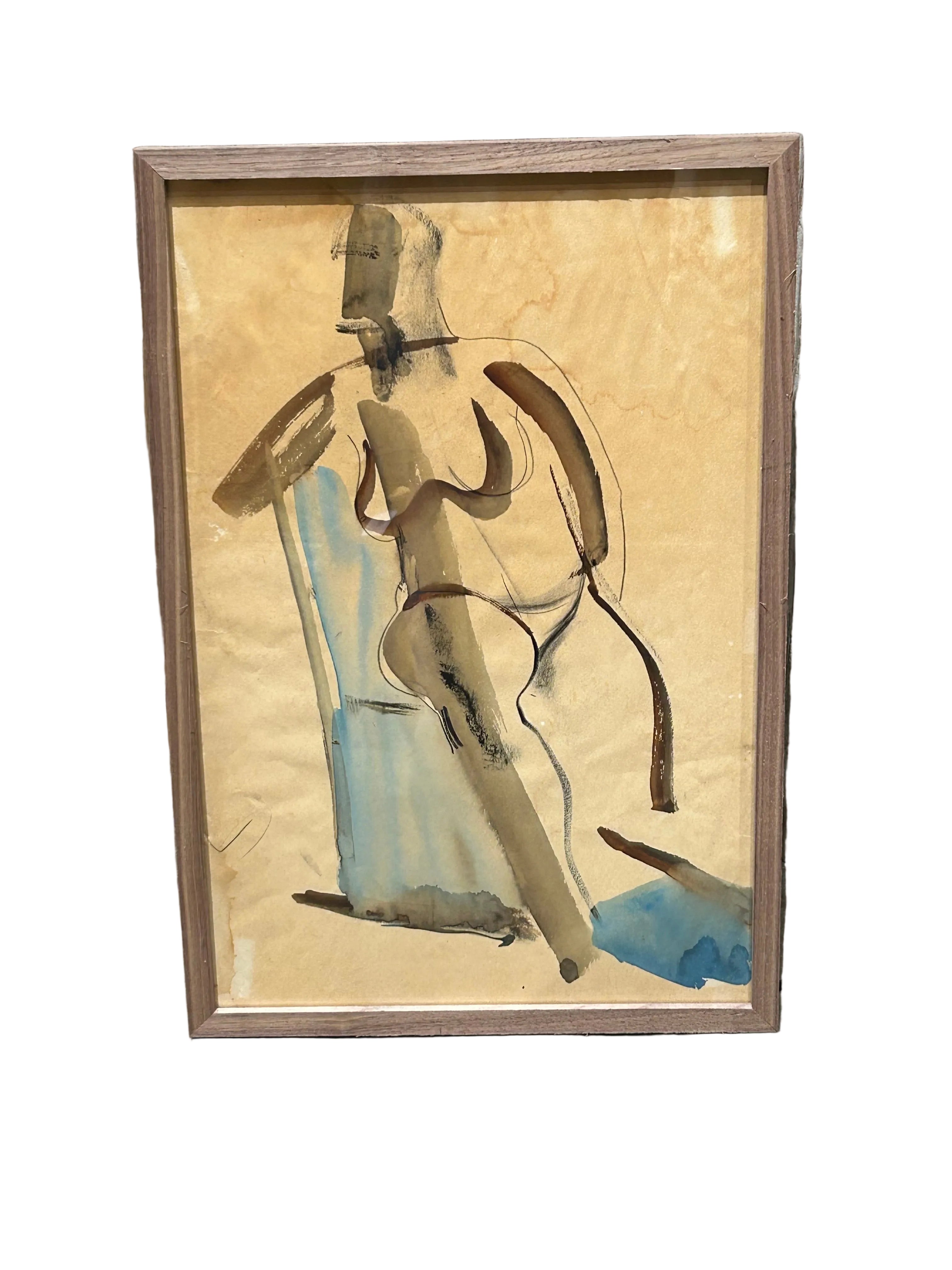 Vintage watercolor & charcoal sitting nude female painting