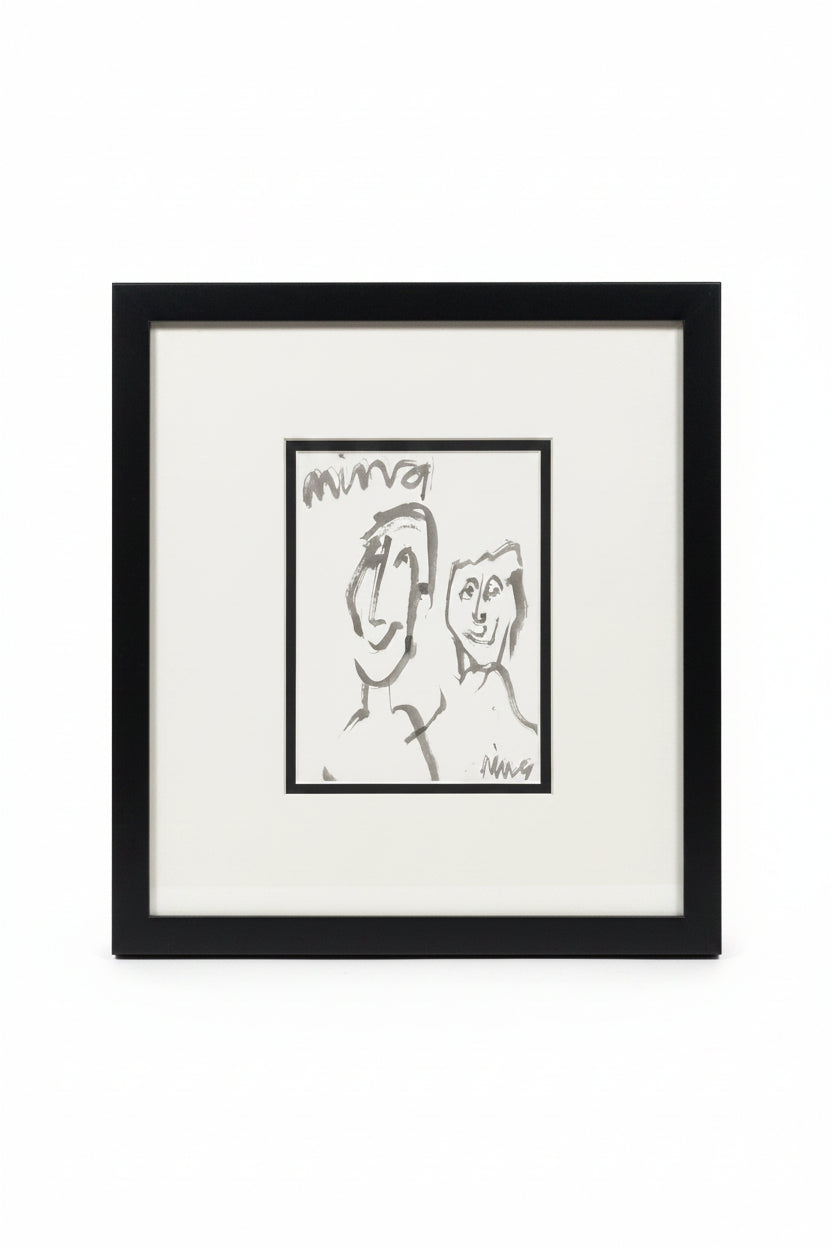 Vintage ink-wash sketch of two figures signed