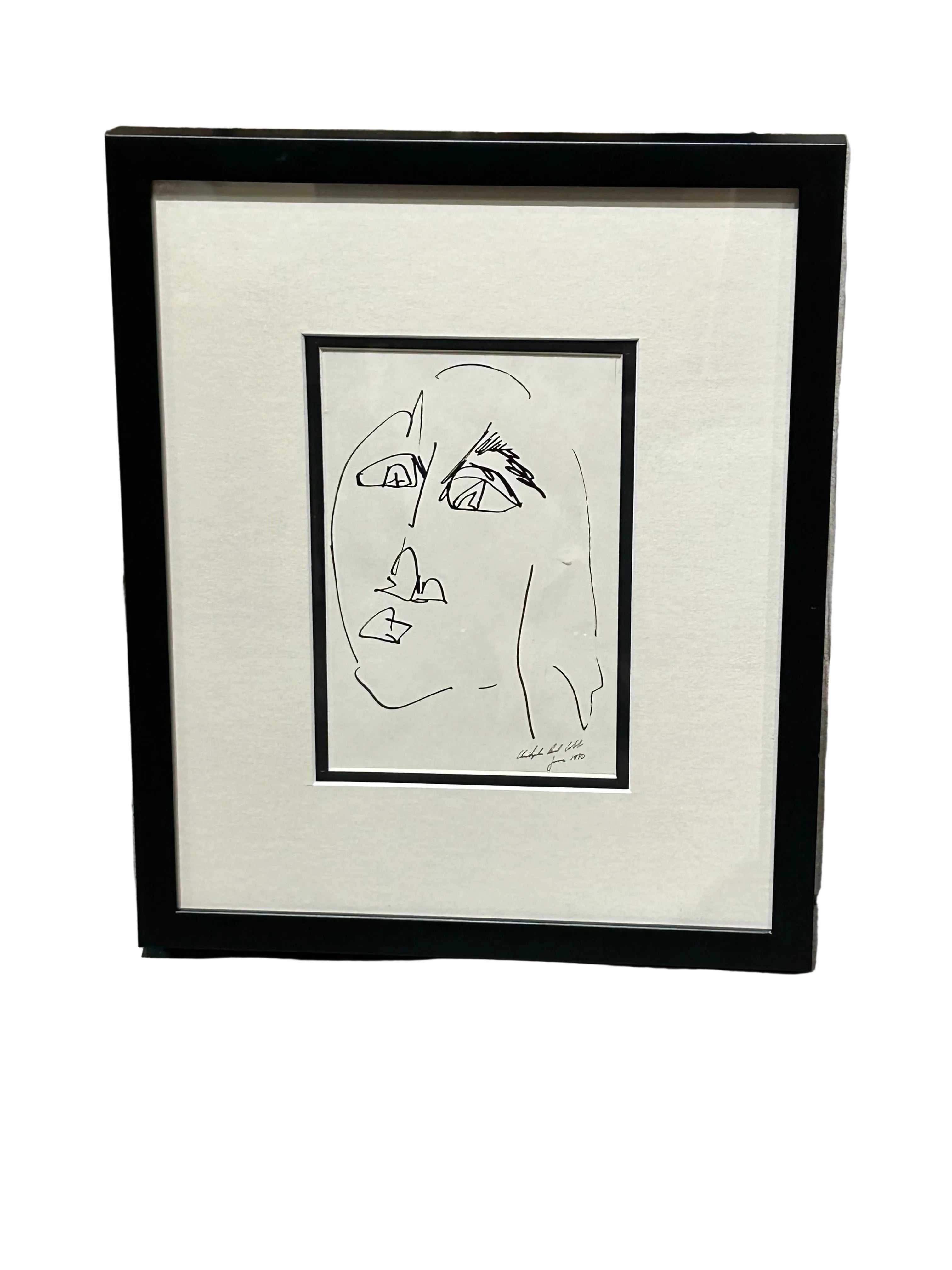 Vintage abstract portrait in black ink signed