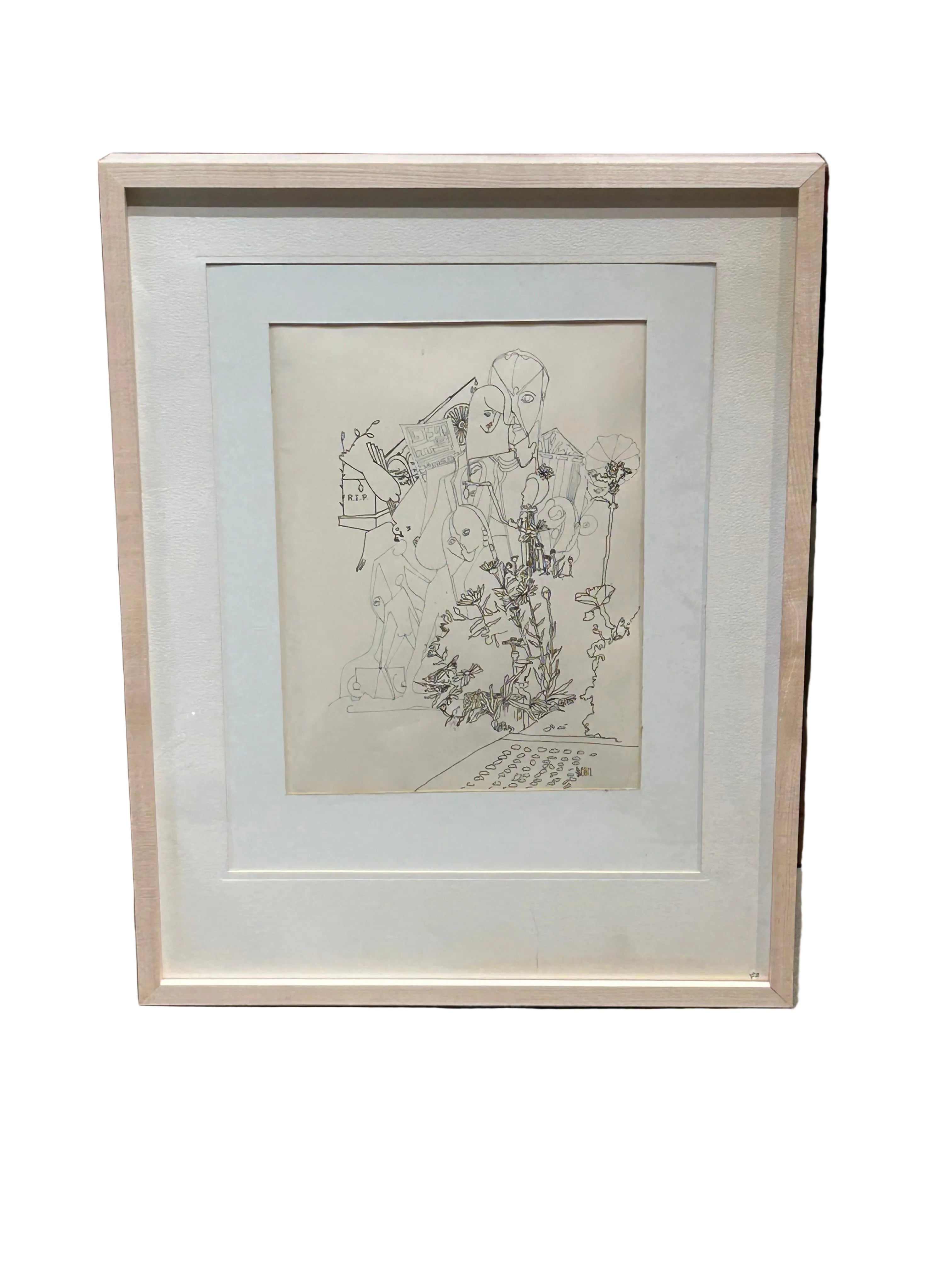 Lithograph on paper w/ figures & floral motif