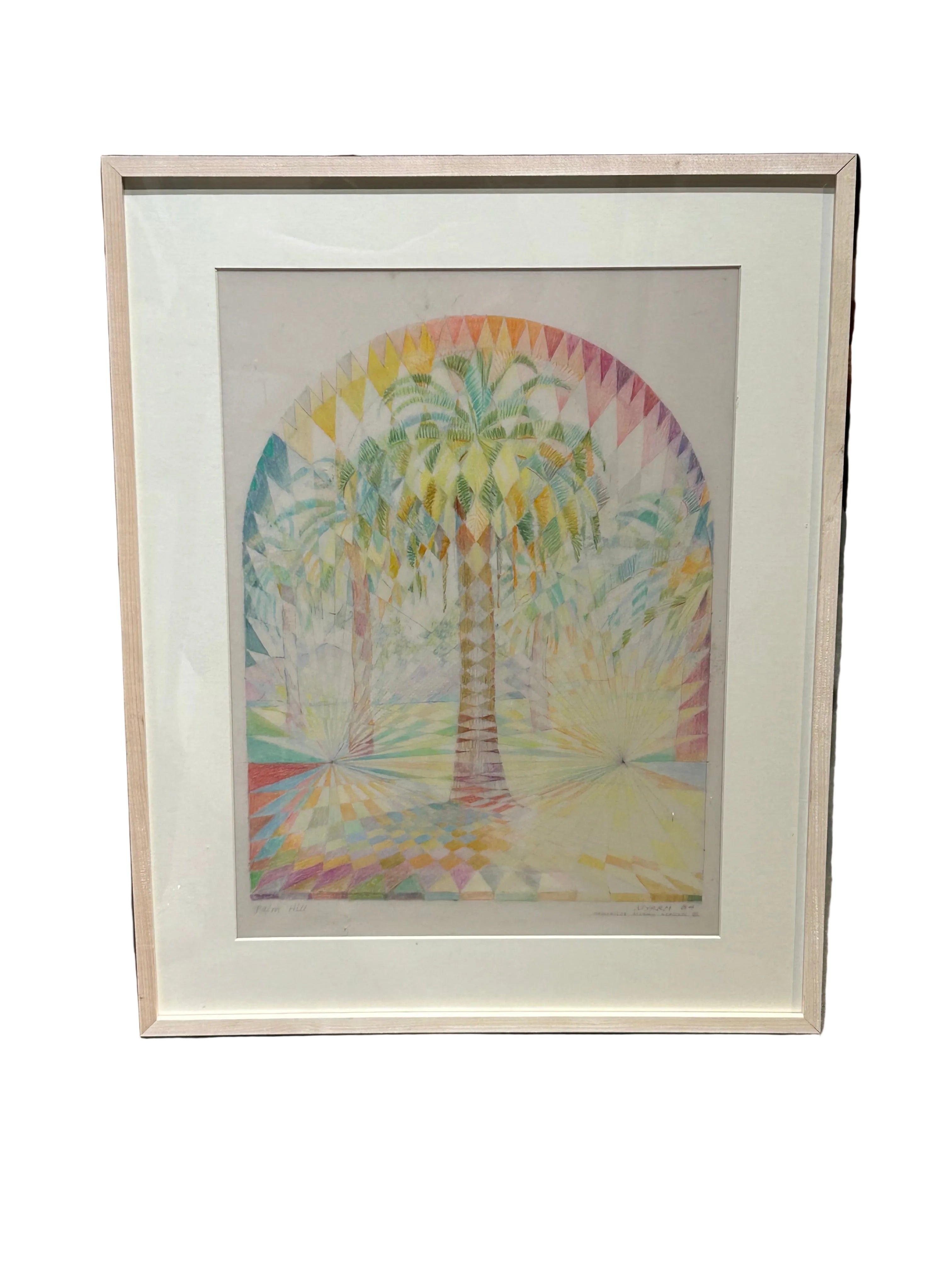Vintage geometrical rainbow palm tree under archway