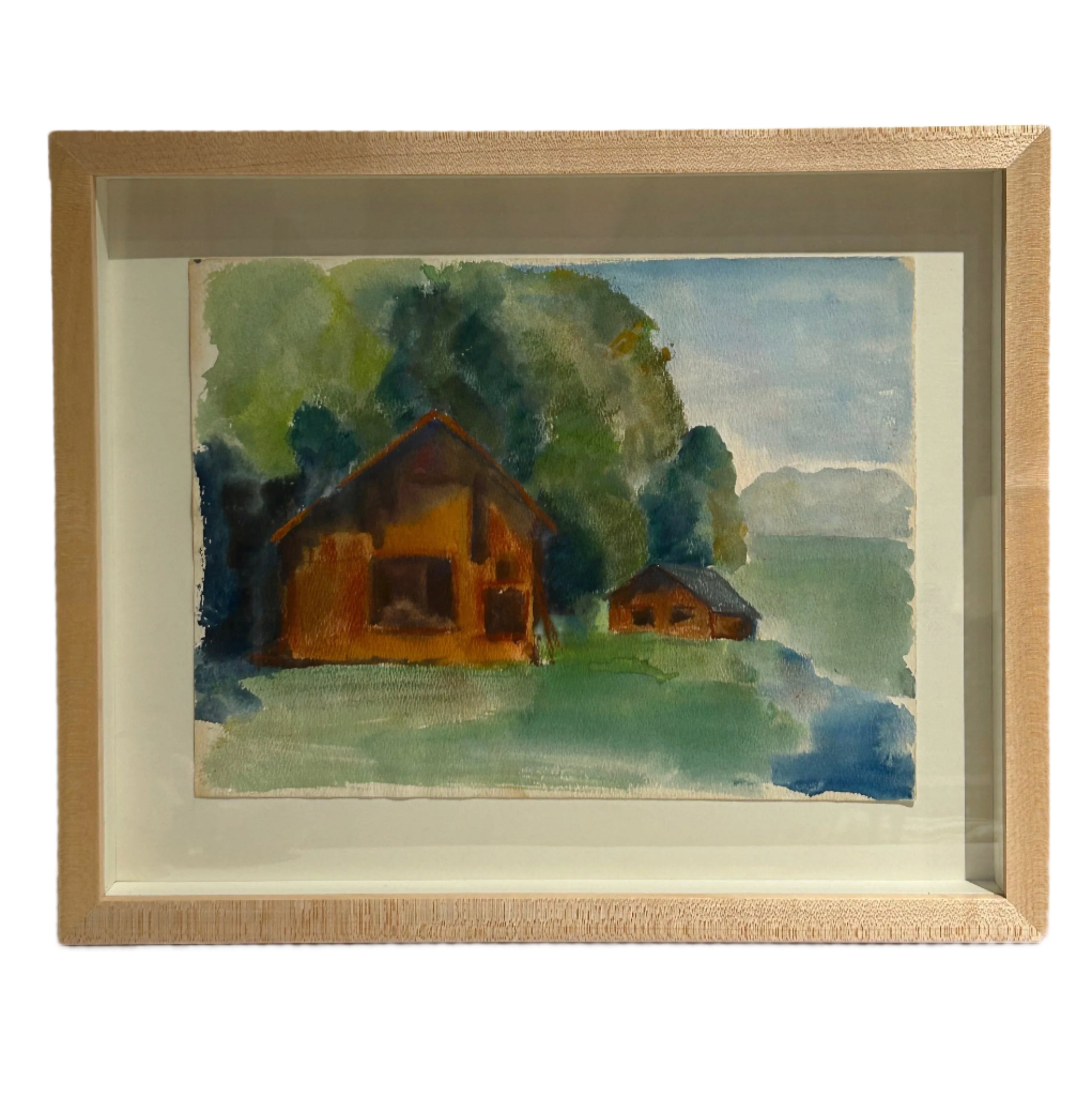 Framed watercolor of countryside