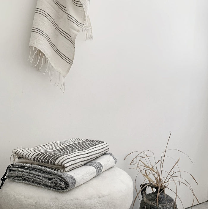 USVA Towel Collection | White with Grey Stripes - Hand Woven Hand Towel 19" x 30"