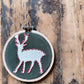 Handmade Embroidered Ornament: Tree & Reindeer on navy linen