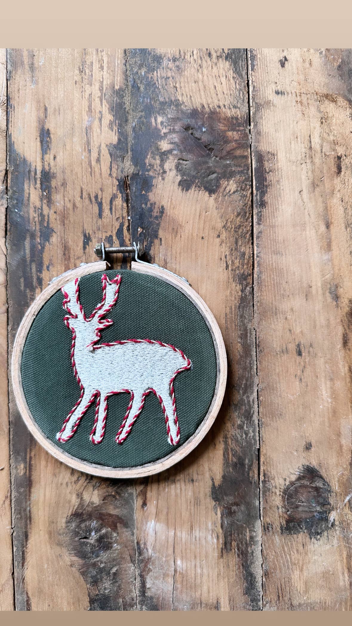 Handmade Embroidered Ornament: Tree & Reindeer on navy linen