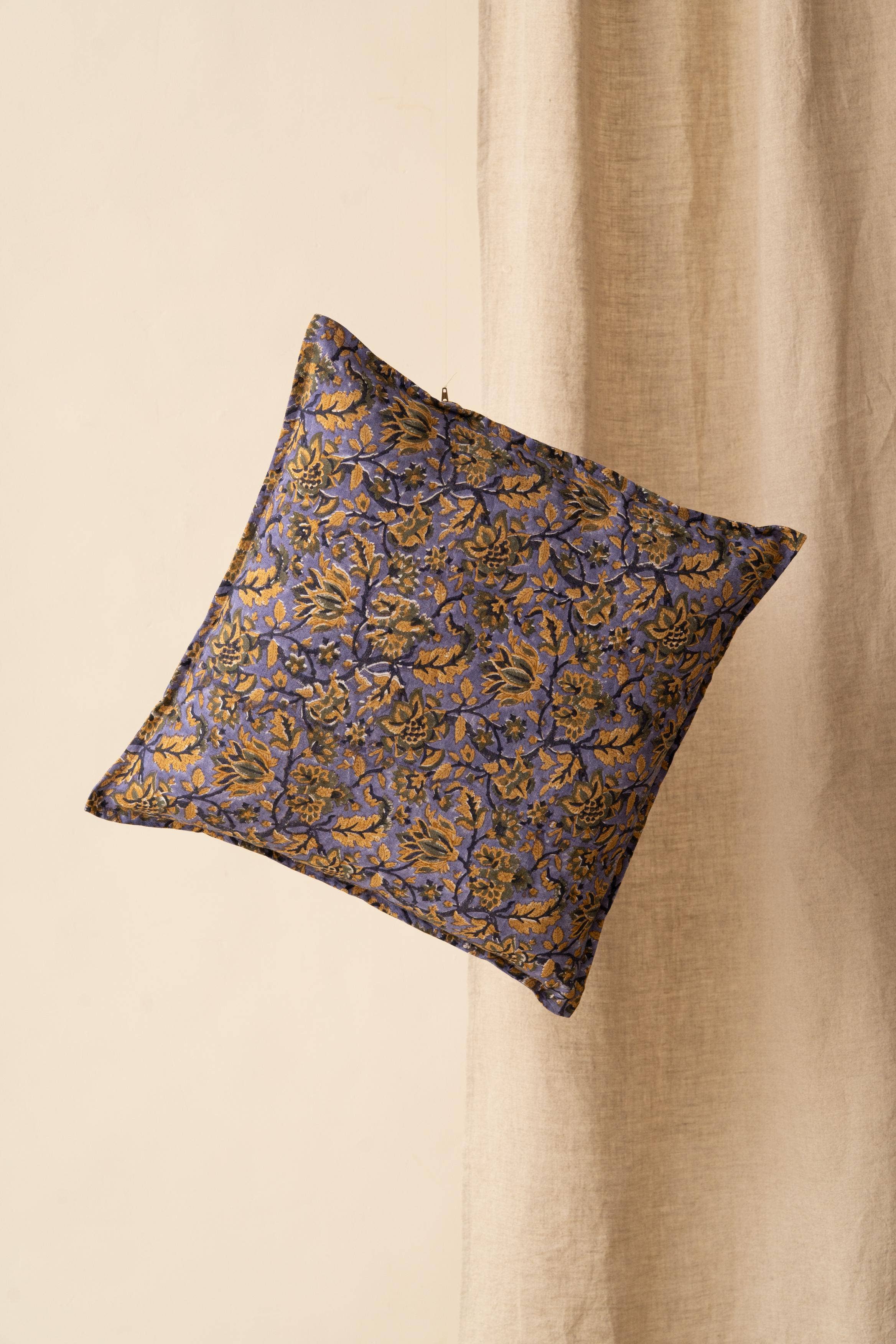 Block Printed Muriel Linen Pillow- Floral Design: 24"x24"