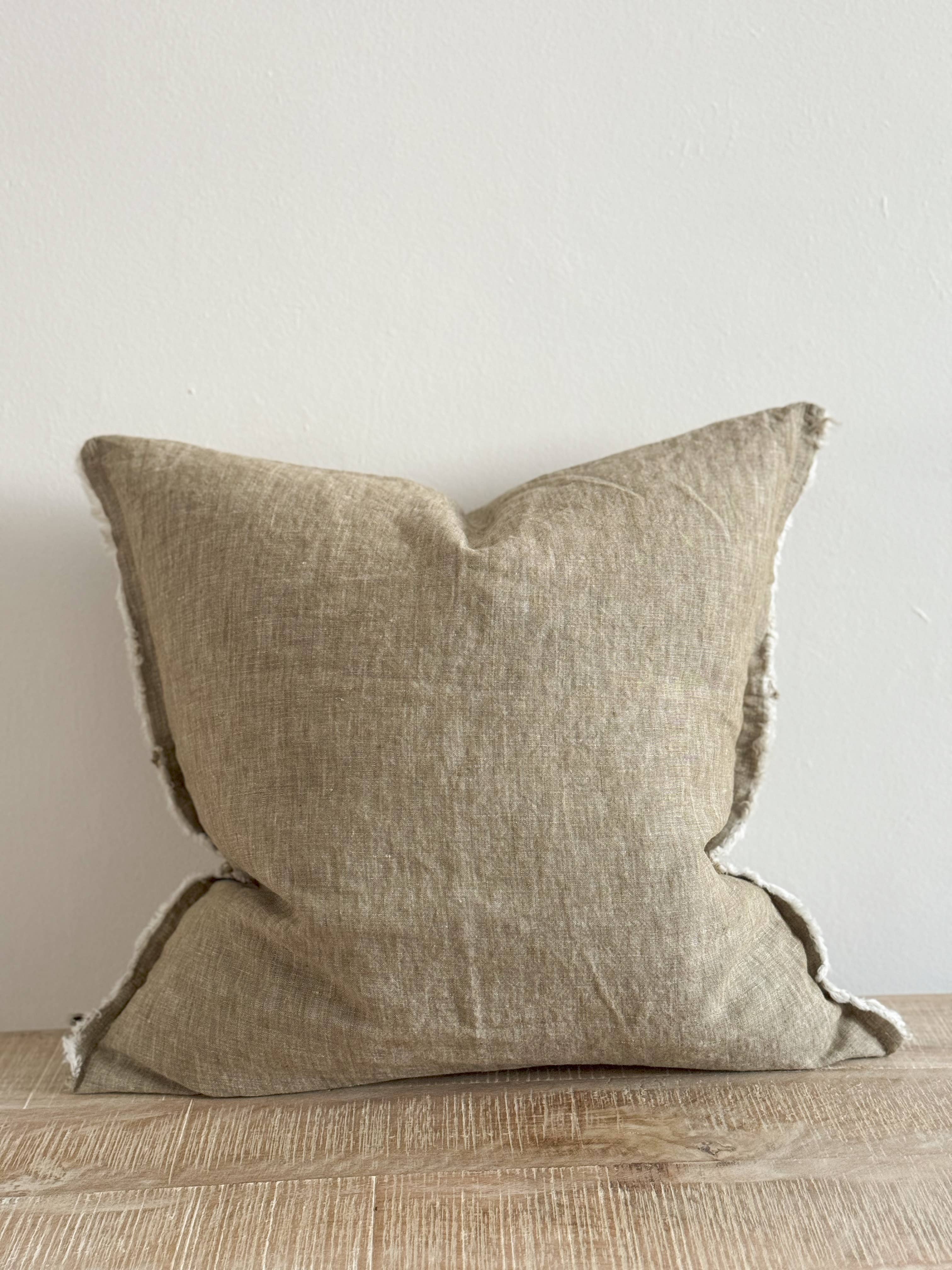 Esmee Fringed Linen Pillow 18 x 18 Washed Olive