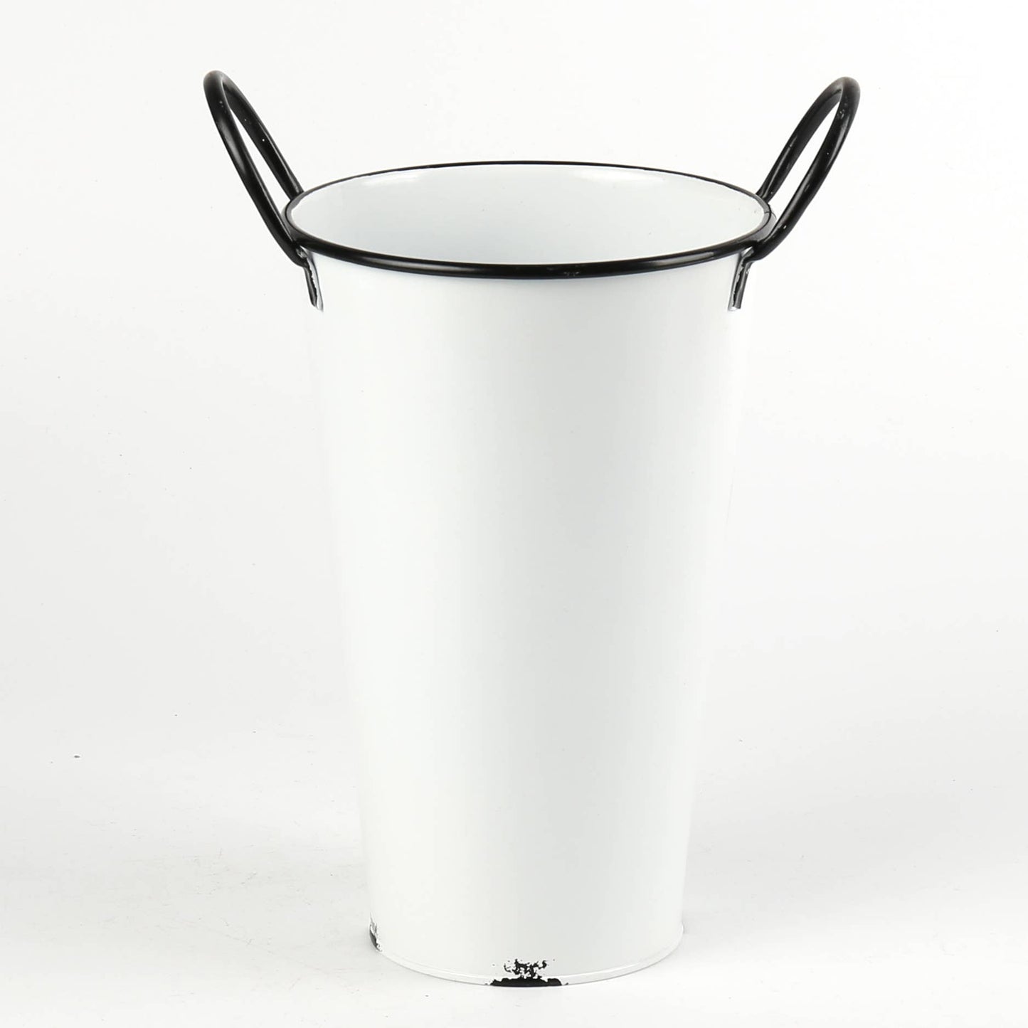 White enamel tin bucket w/ black trim and handles