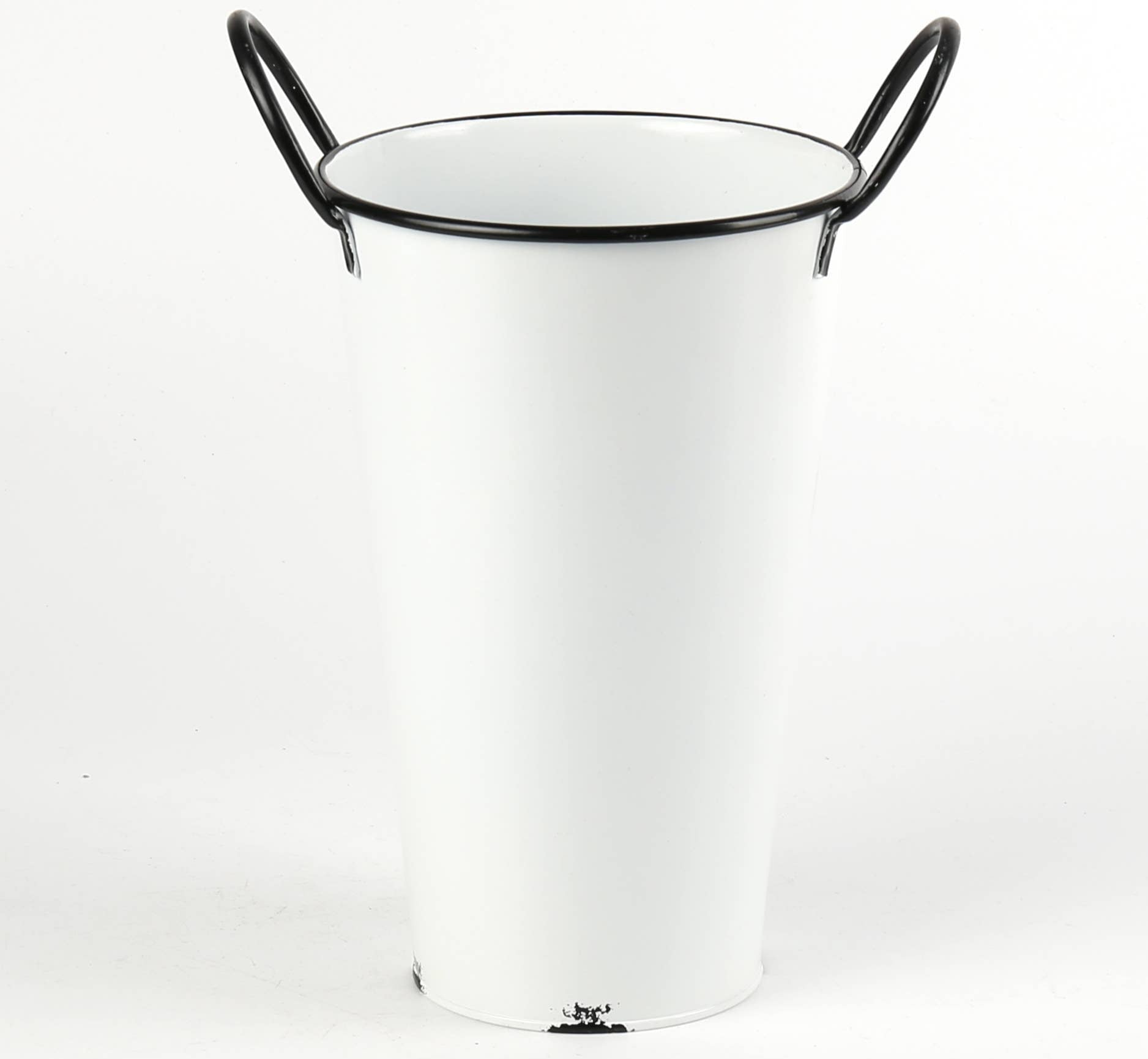 White enamel tin bucket w/ black trim and handles