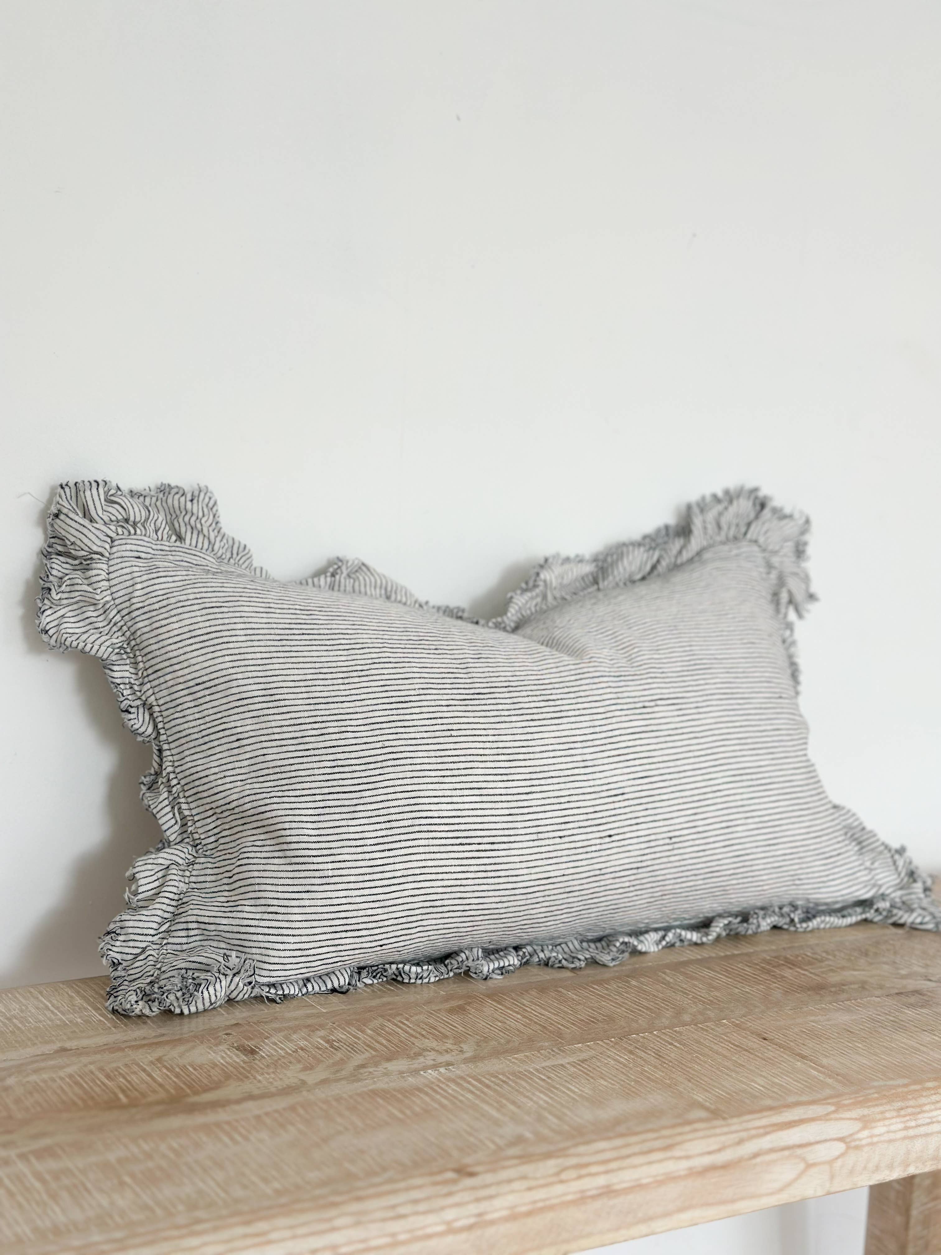 Hallie Ruffled Linen Pillow 20 x 12 in – Pinstripe