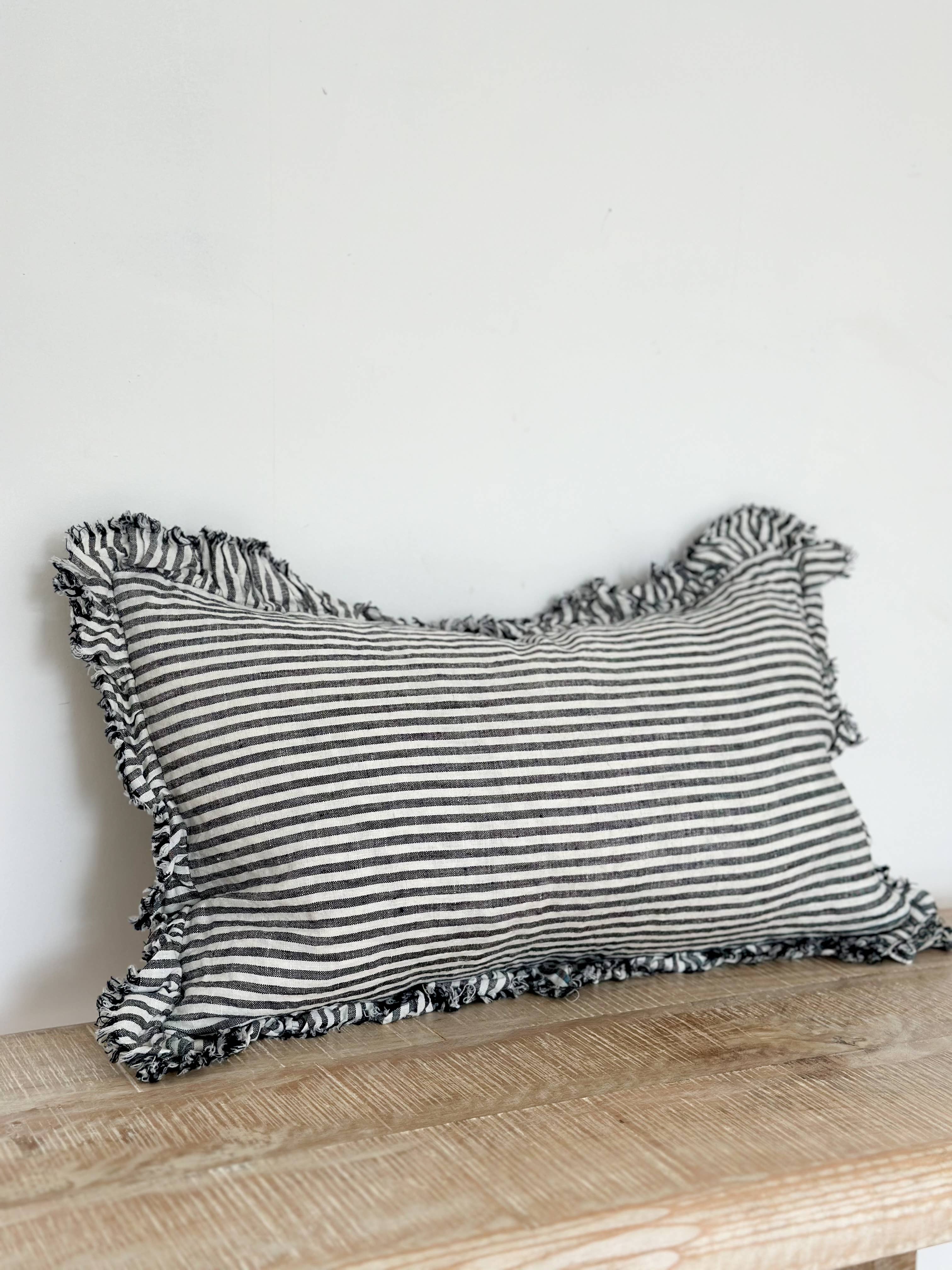 Hallie Ruffled Linen Pillow 20 x 12 in  Charcoal Stripe