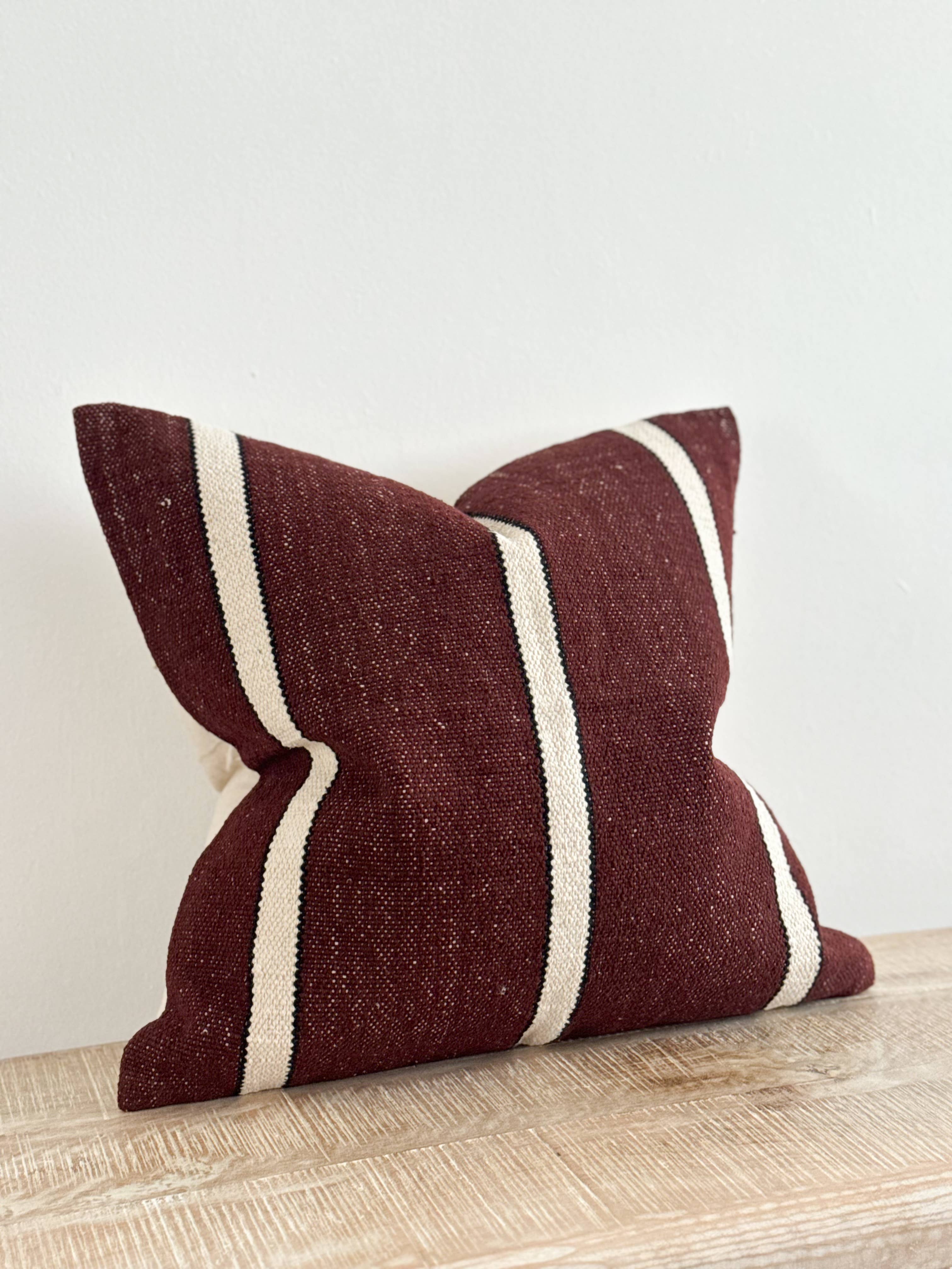 India Luxe Cotton Pillow 18 x 18 in - Plum, Black & Cream Stripe