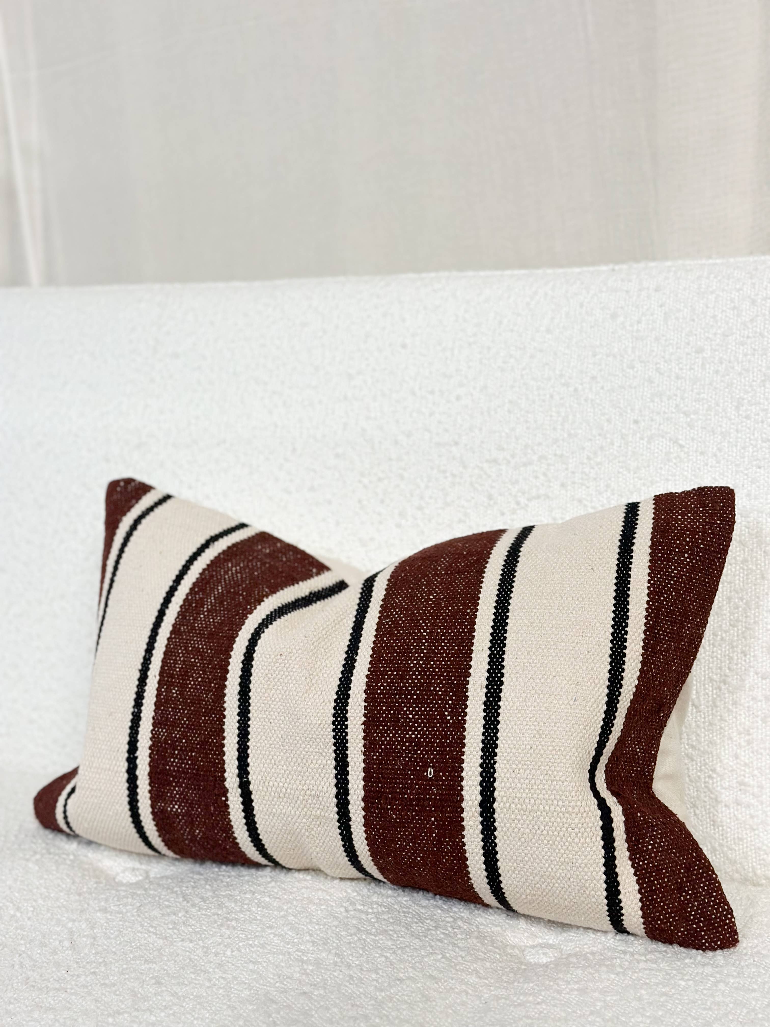 India Luxe Cotton Pillow 20 x 12 in - Plum, Cream & Black Stripe