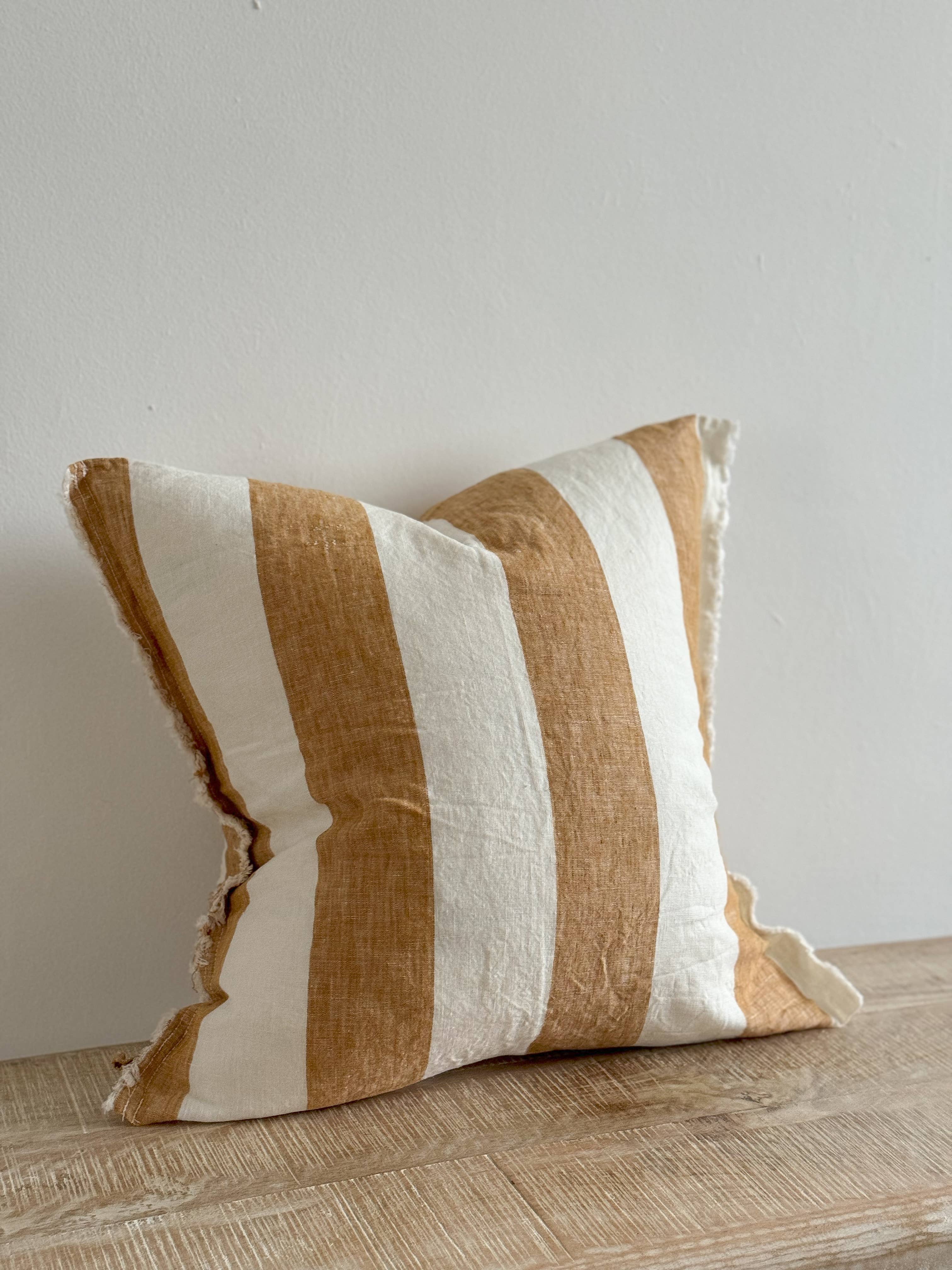 Esmee Fringed Linen Pillow 18 x 18 in – Mustard Stripe