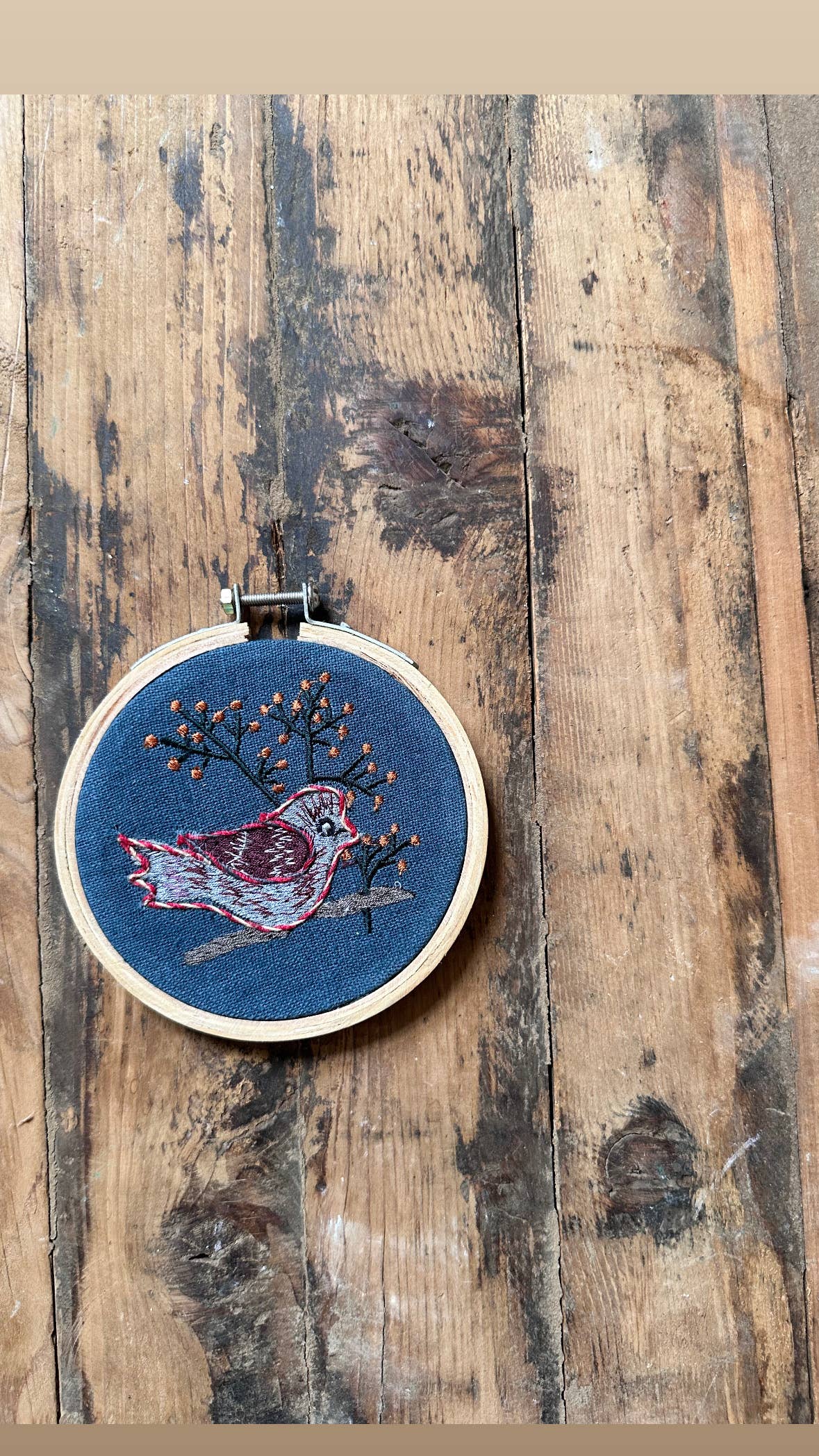 Handmade Embroidered Ornament: Frosty Tree on navy linen