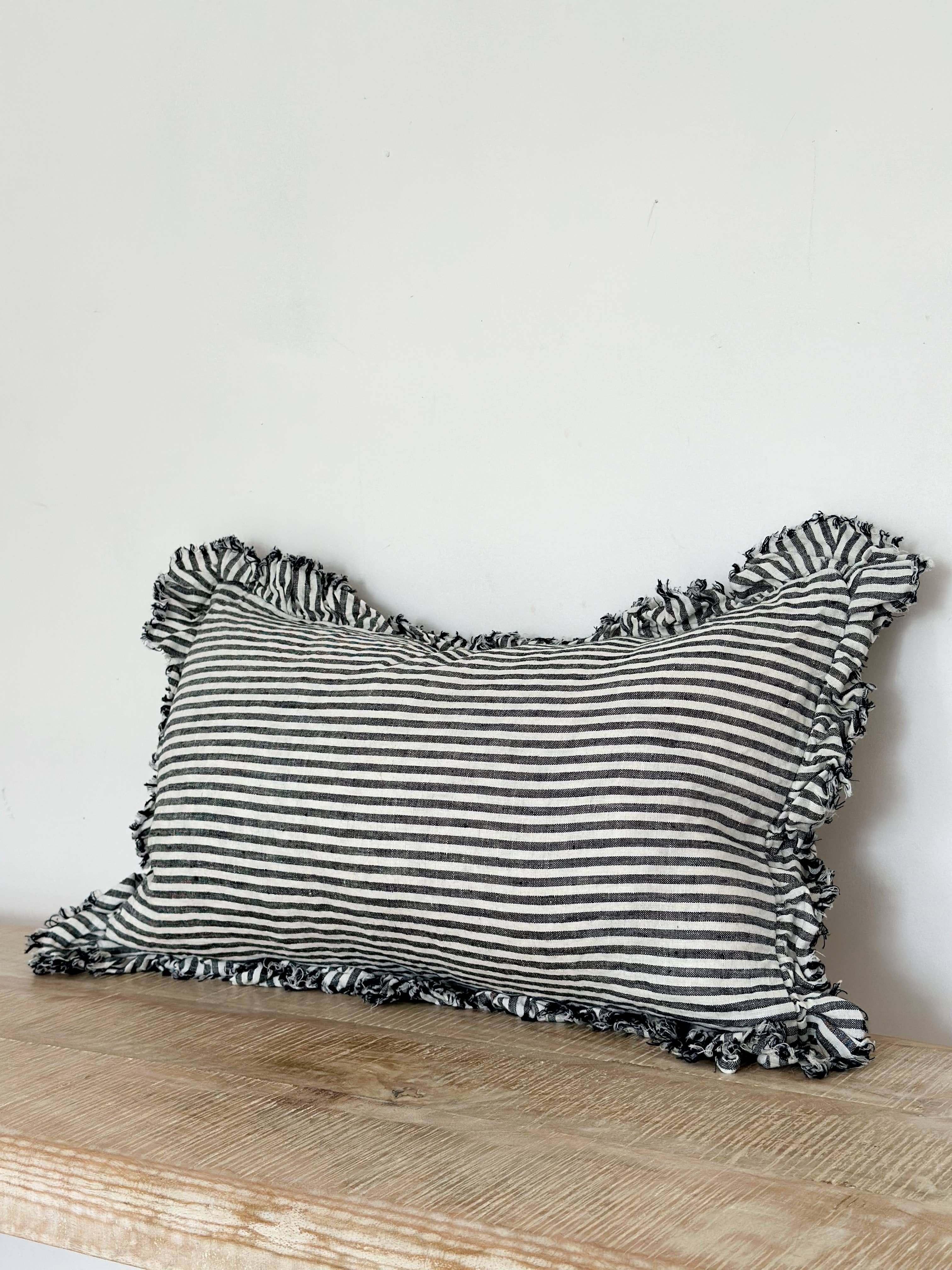 Hallie Ruffled Linen Pillow 20 x 12 in  Charcoal Stripe