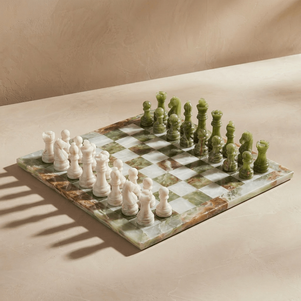Marble Chess Set with Storage Case - Green Onyx and White: 13 inch
