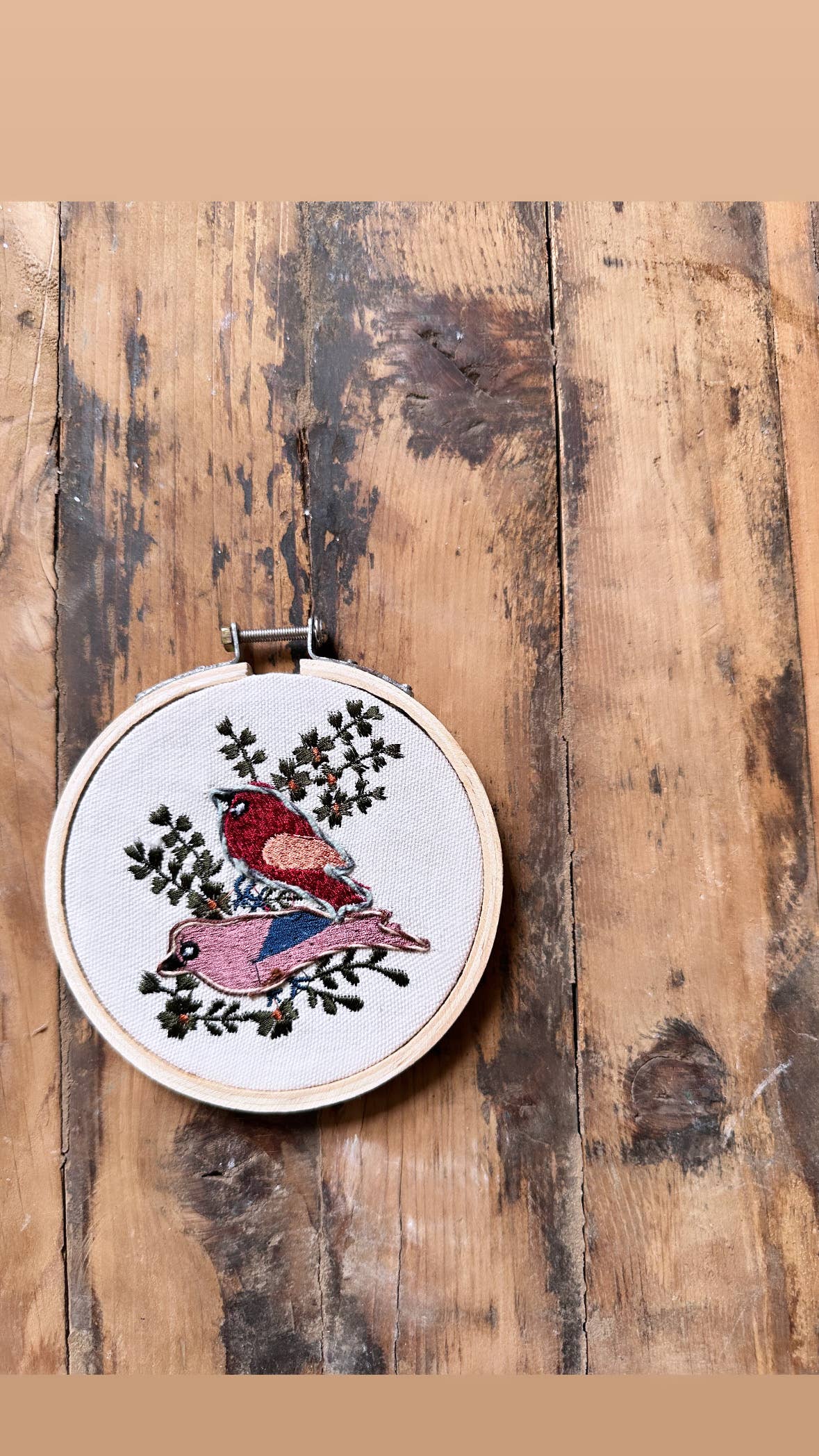 Handmade Embroidered Ornament: Two Birds on tan linen