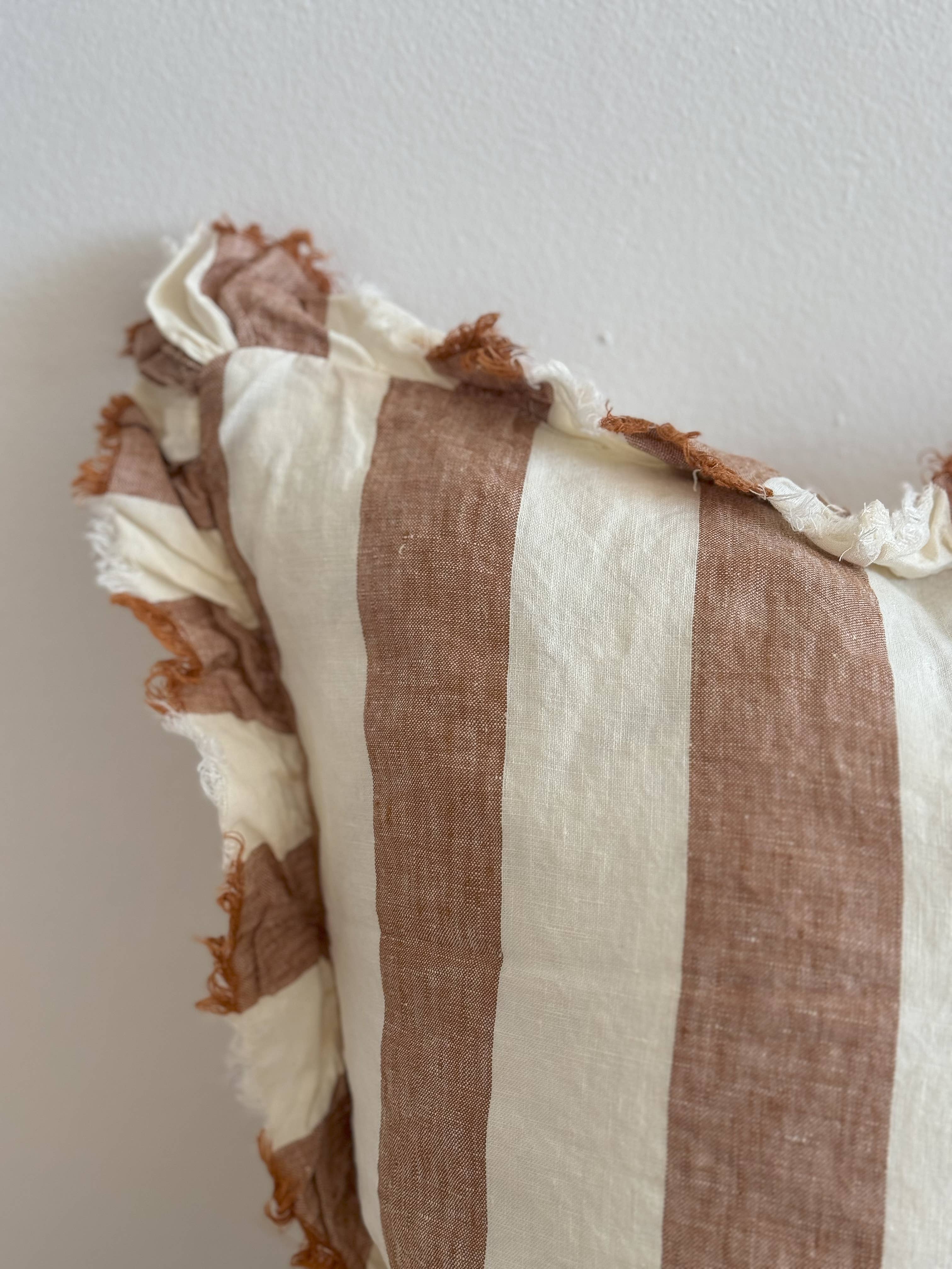 Hallie Ruffled Linen Pillow 18 x 18 in Wide Rust Stripe