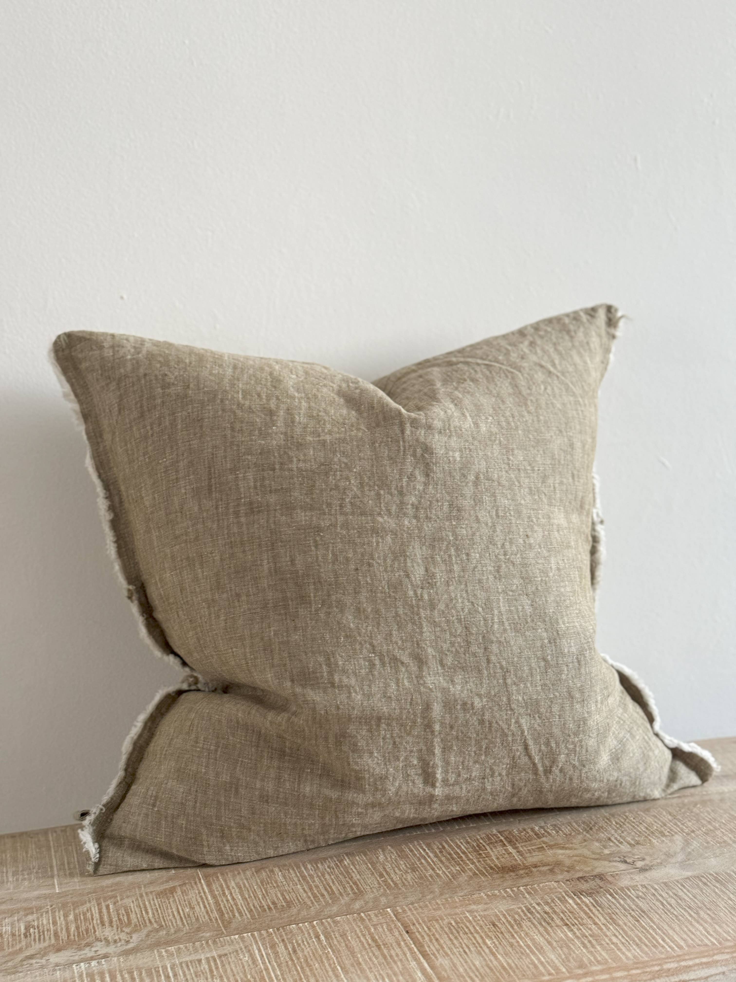 Esmee Fringed Linen Pillow 18 x 18 Washed Olive