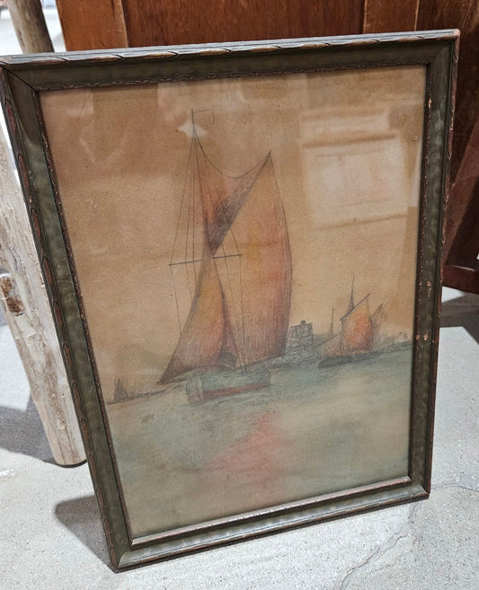 Vintage sailboat drawing framed